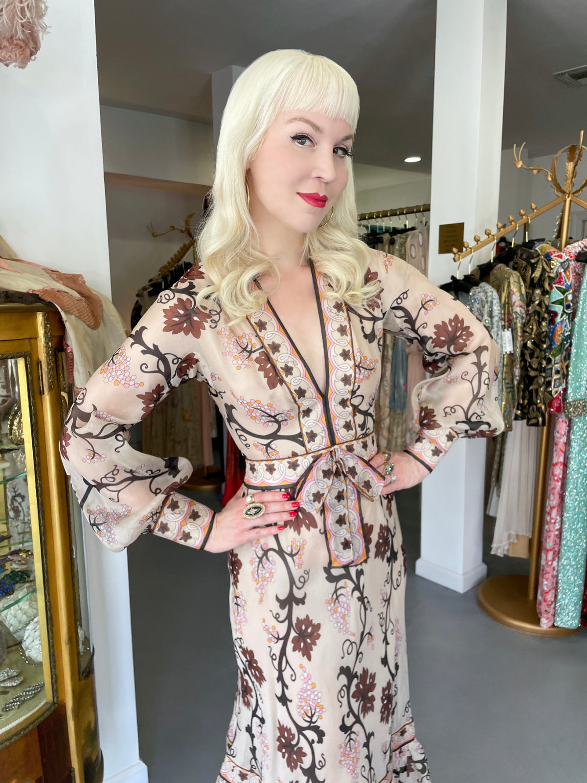 1972 Emilio Pucci Grapevine Motif Sheer Silk Organza Billow-Sleeve Maxi Dress