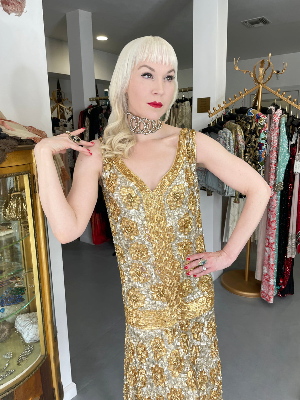 1920&#39;s French Couture Metallic Gold Beaded Sequin Cotton-Net Flapper Dress