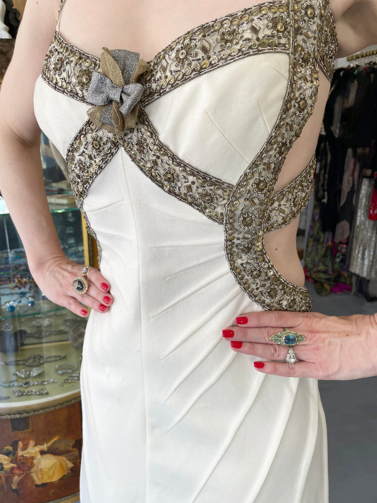 2003 Alexander McQueen Metallic Beaded Embroidered Ivory Wool Open-Back Dress