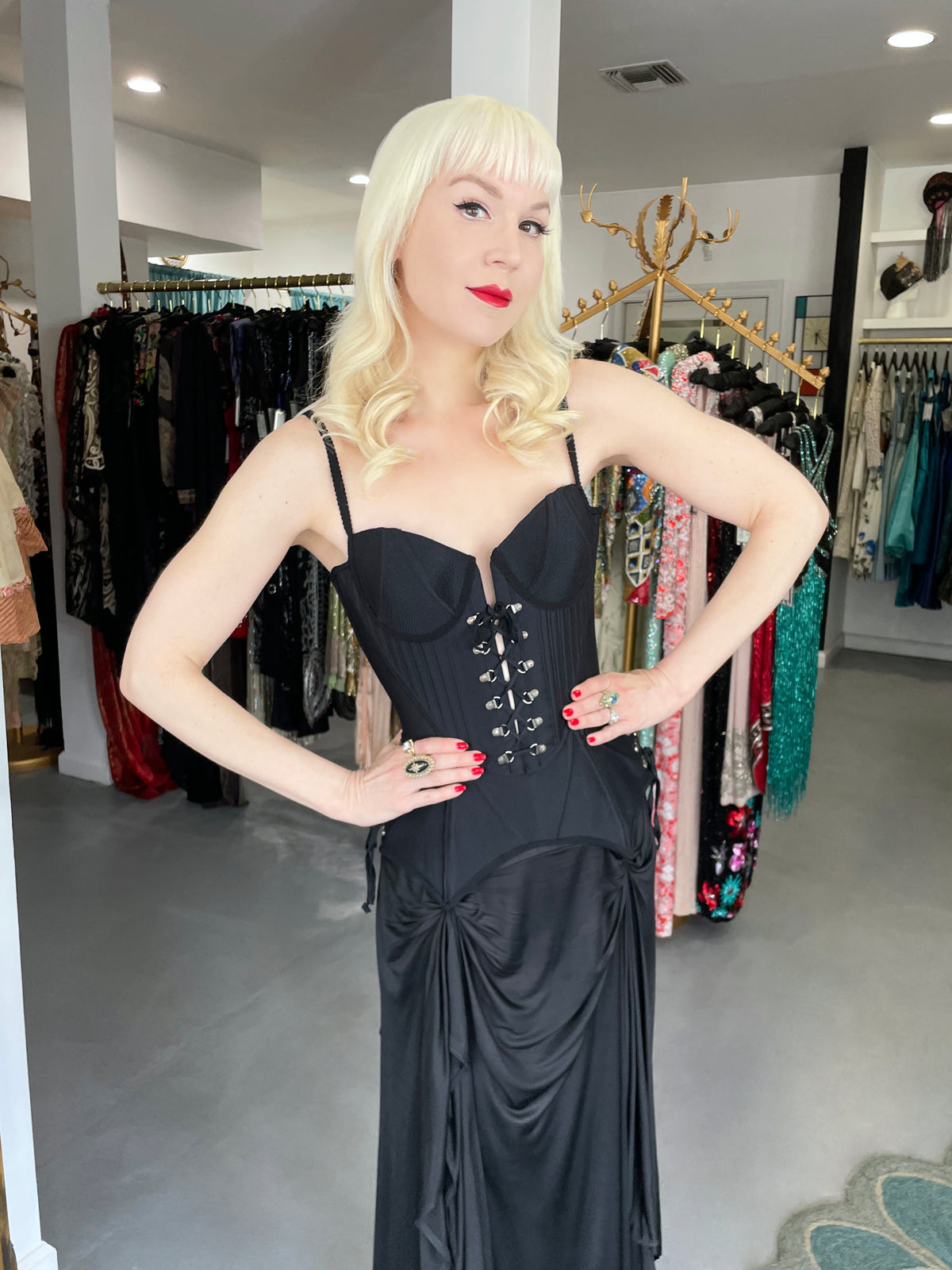 1995 Gianni Versace Couture Black Corset High-Slit Important Campaign Gown