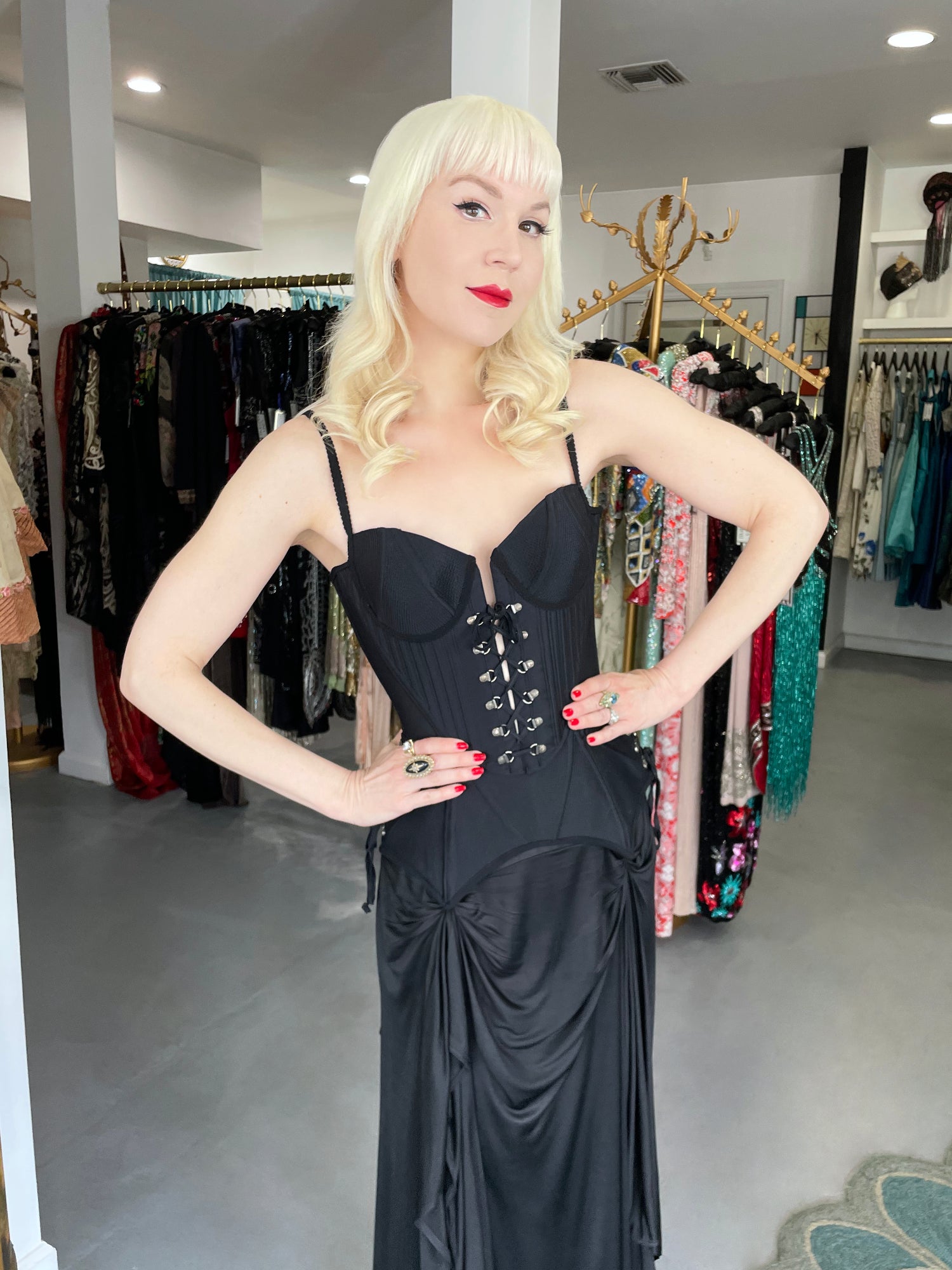 Vintage 1995 Gianni Versace Black Corset High-Slit Campaign Gown Vintage 1995 Gianni Versace Black Corset High-Slit Campaign Gown