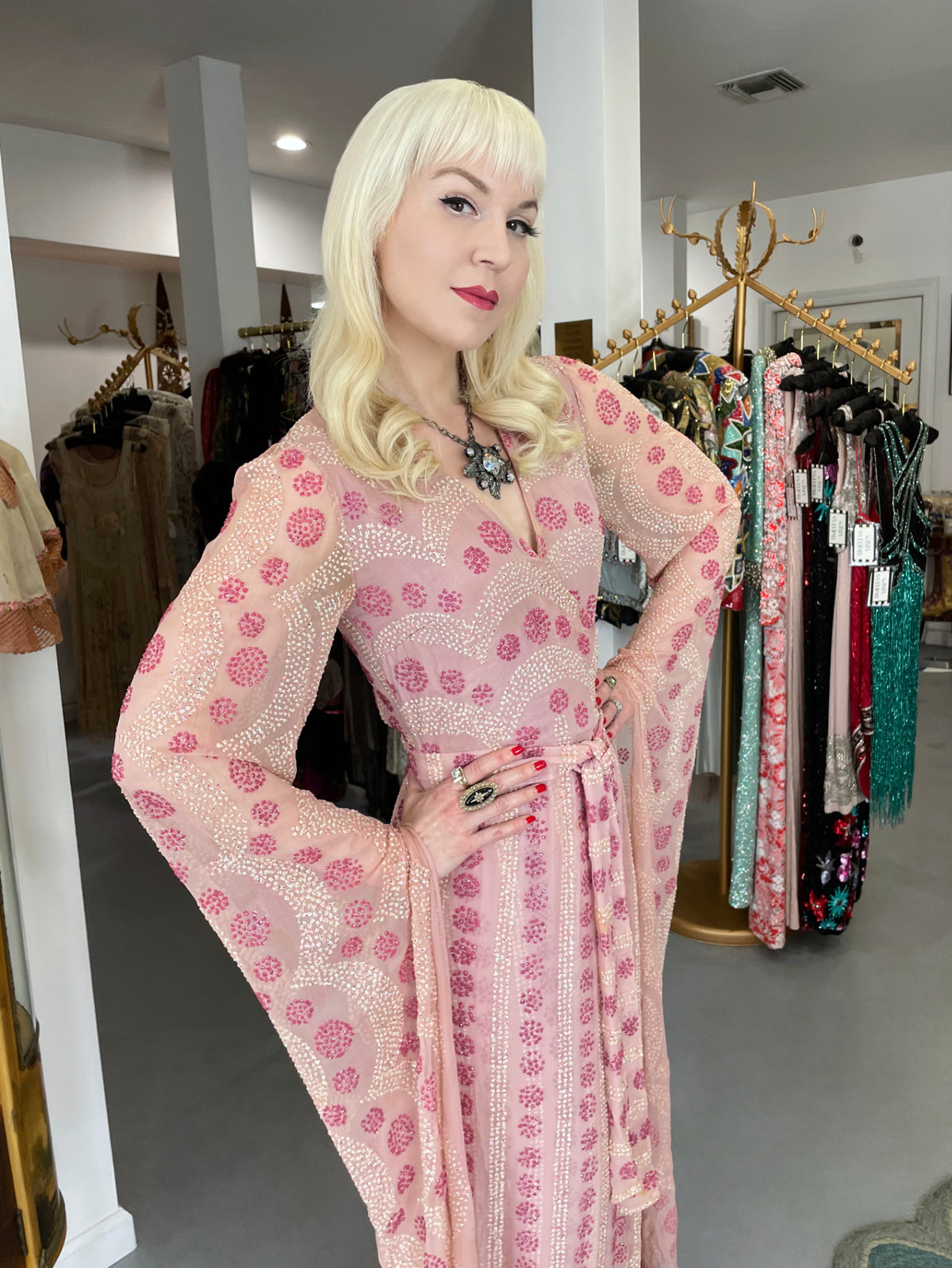 1974 Thea Porter Couture Sparkling Pink Glitter Silk Angel Sleeve Wrap Gown