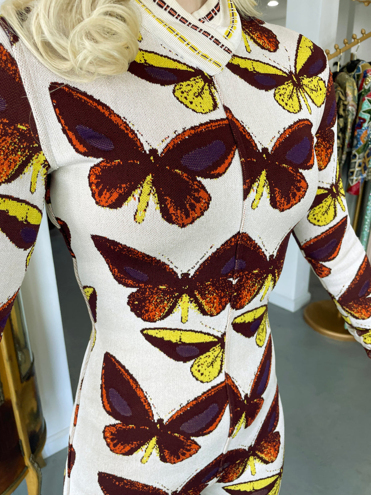 1991 Azzedine Alaïa Iconic Runway Butterfly Print Ivory Stretch Knit Bodycon Catsuit