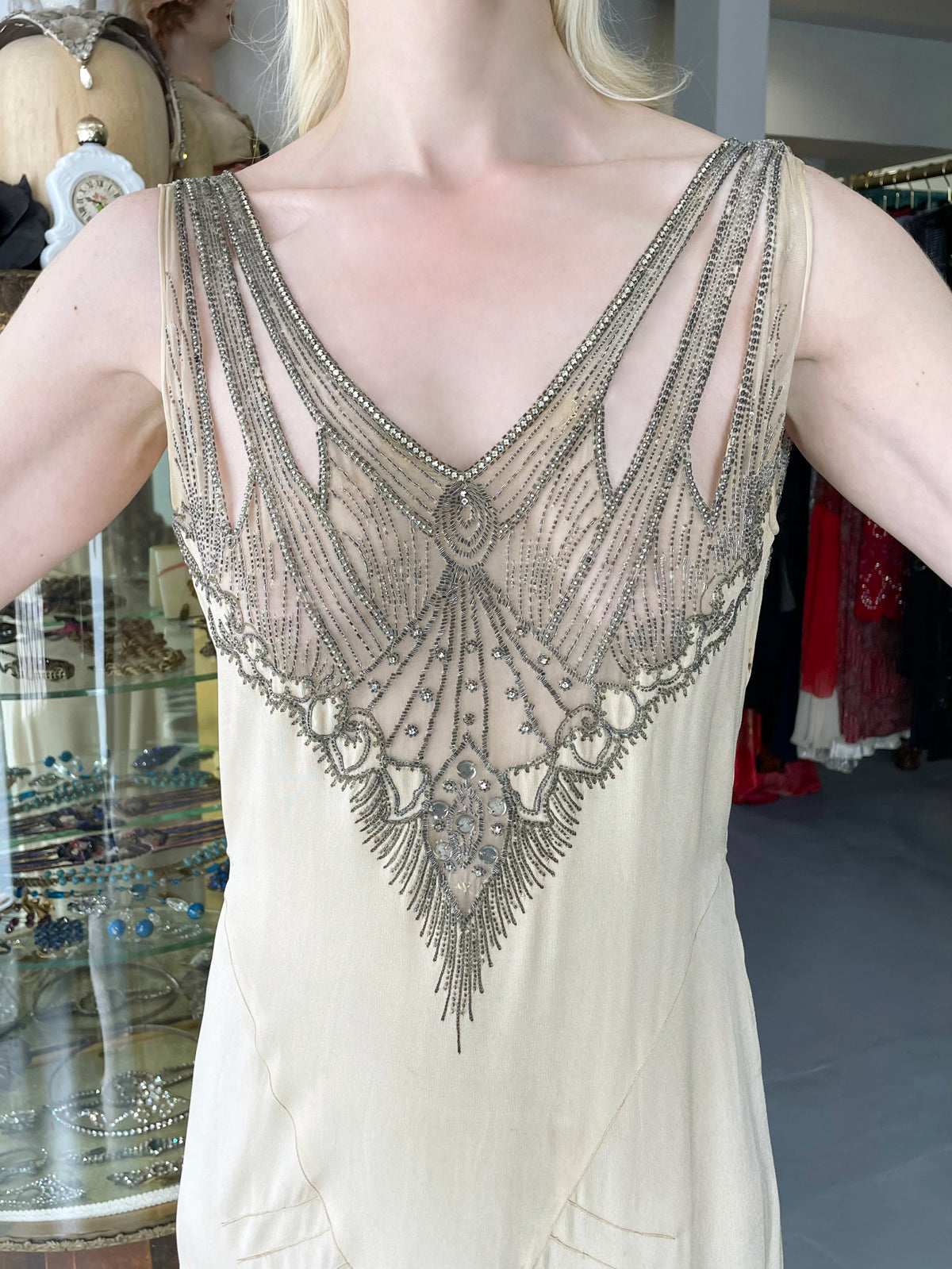 1930's French Ivory Creme Silk Beaded Sheer Illusion Deco Bias-Cut Bridal Gown