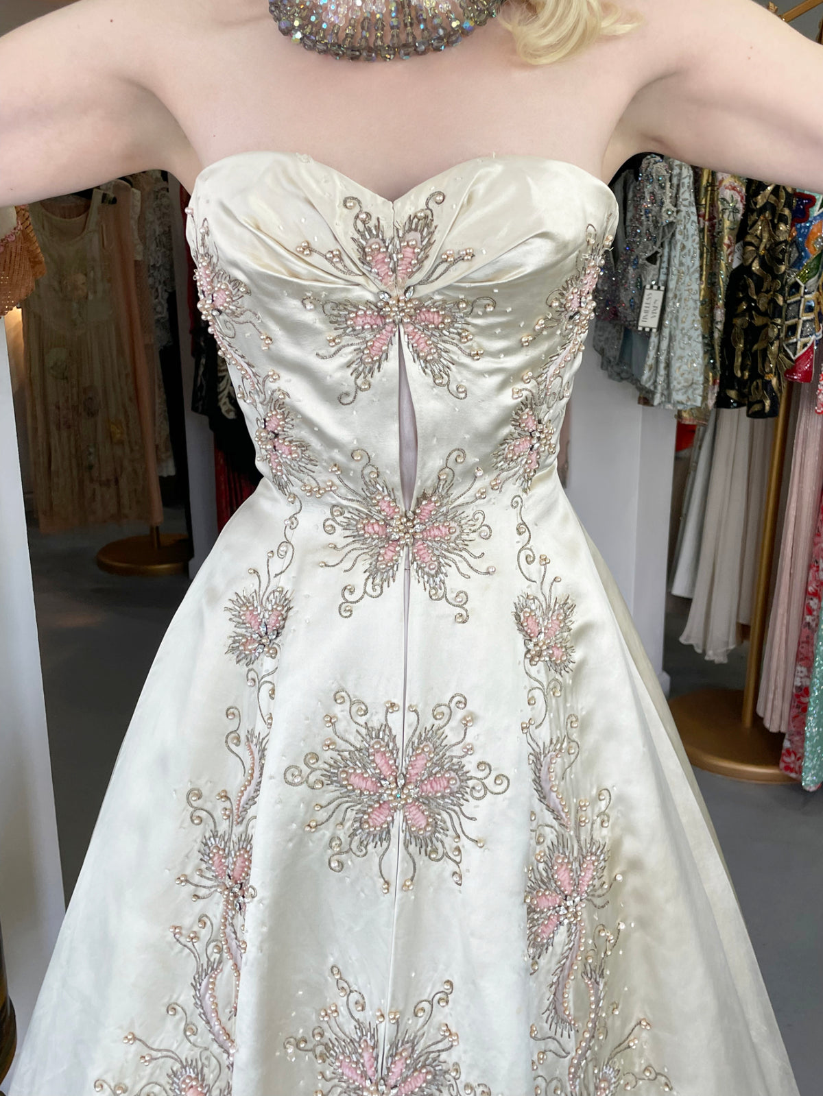 1950&#39;s Beaded Embroidered Cream &amp; Pale Pink Satin Strapless Couture Ballgown