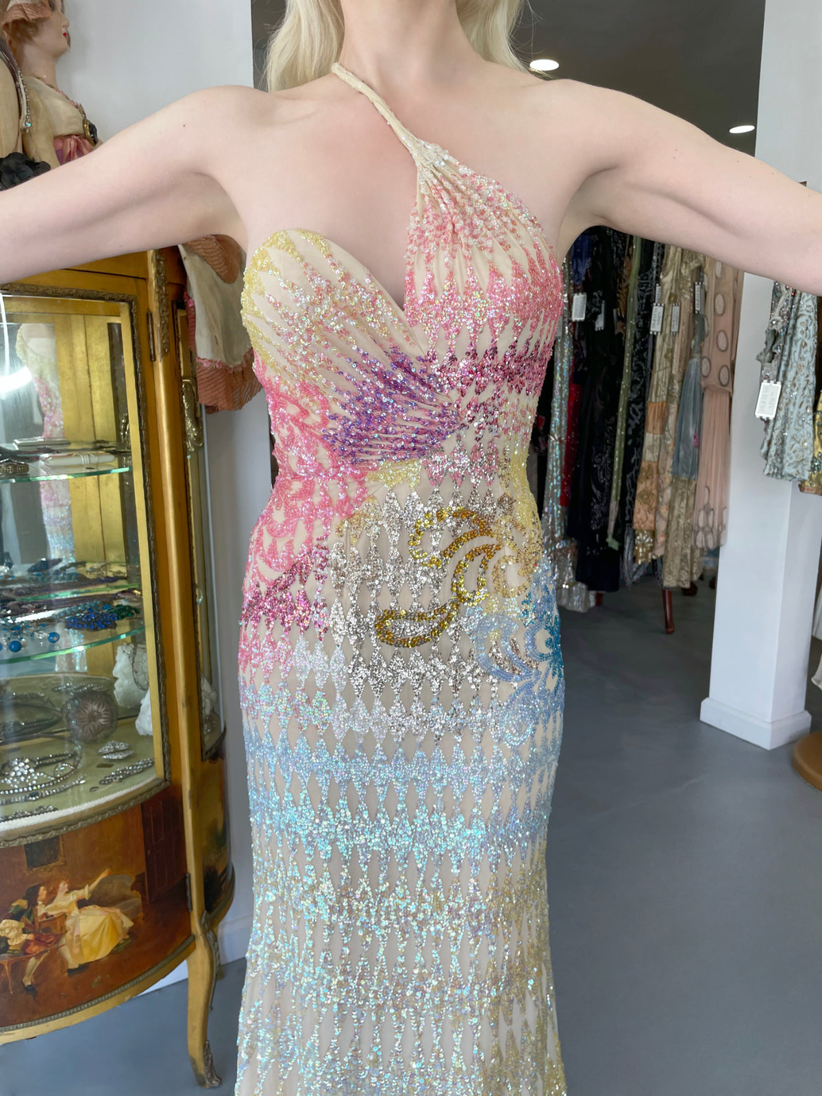1990's Mike Benet Rainbow Sequin Silk Asymmetric Hourglass Versace-Like Gown