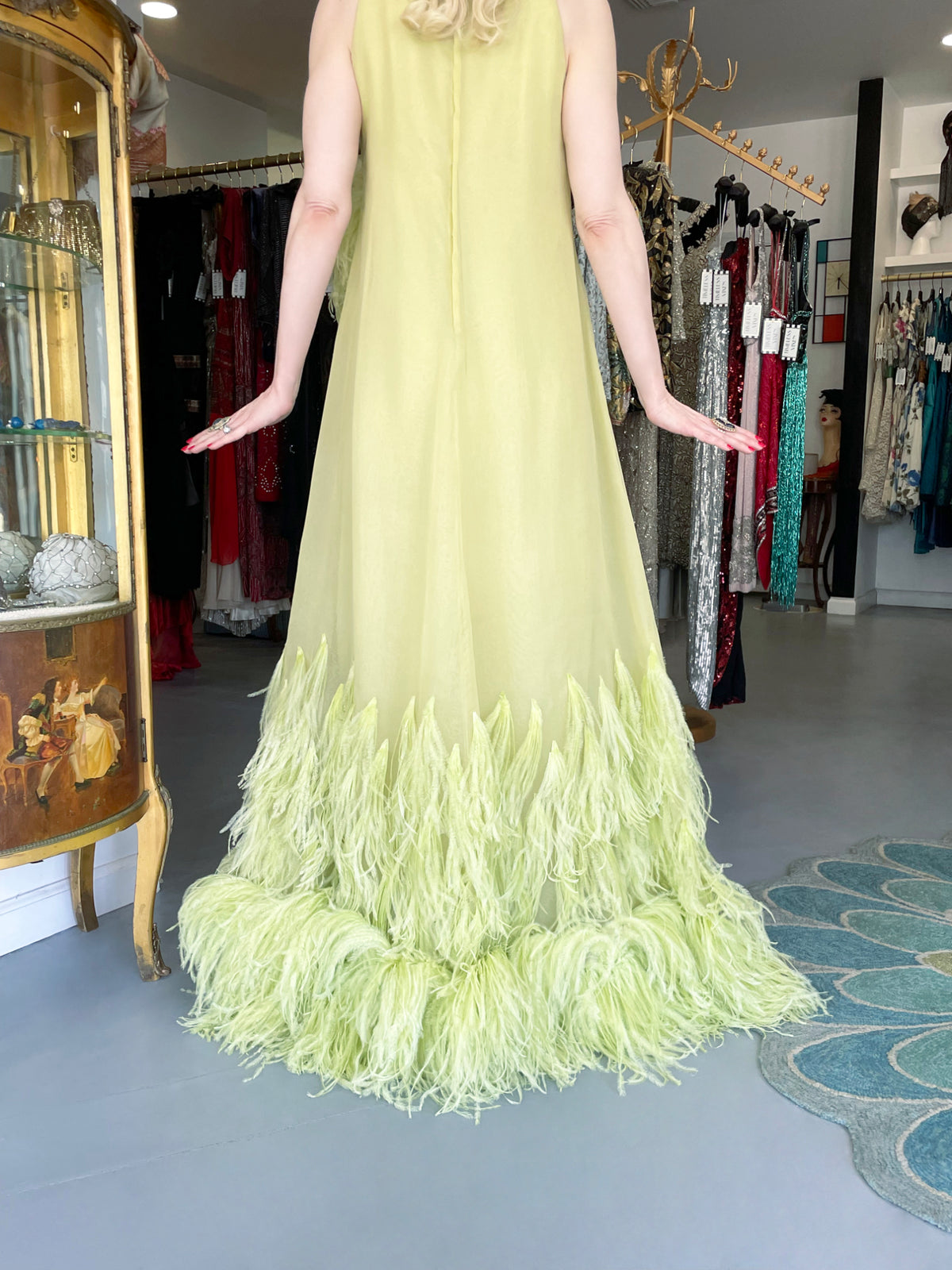 1968 Christian Dior Haute Couture Maria Felix Owned Chartreuse Silk Feather Gown