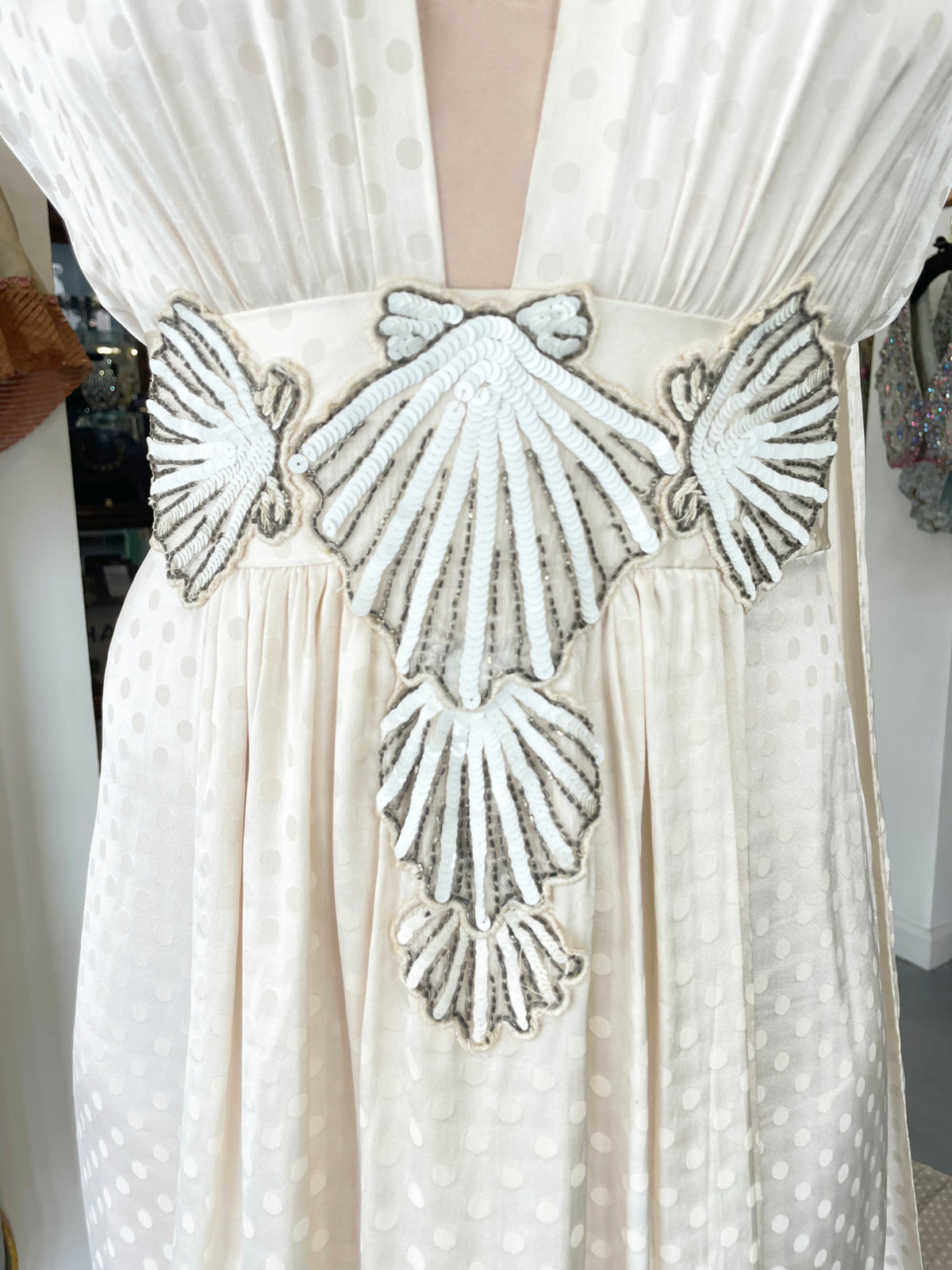 1974 Thea Porter Couture Beaded Sequin Seashells Ivory Silk Billow-Sleeve Trained Gown