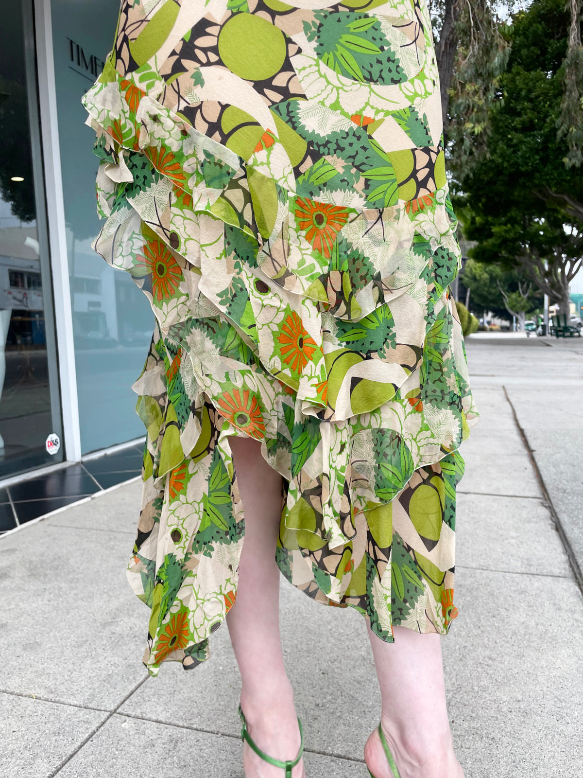 2005 John Galliano Green &amp; Beige Floral Print Silk Tiered Ruffle Bias-Cut Dress