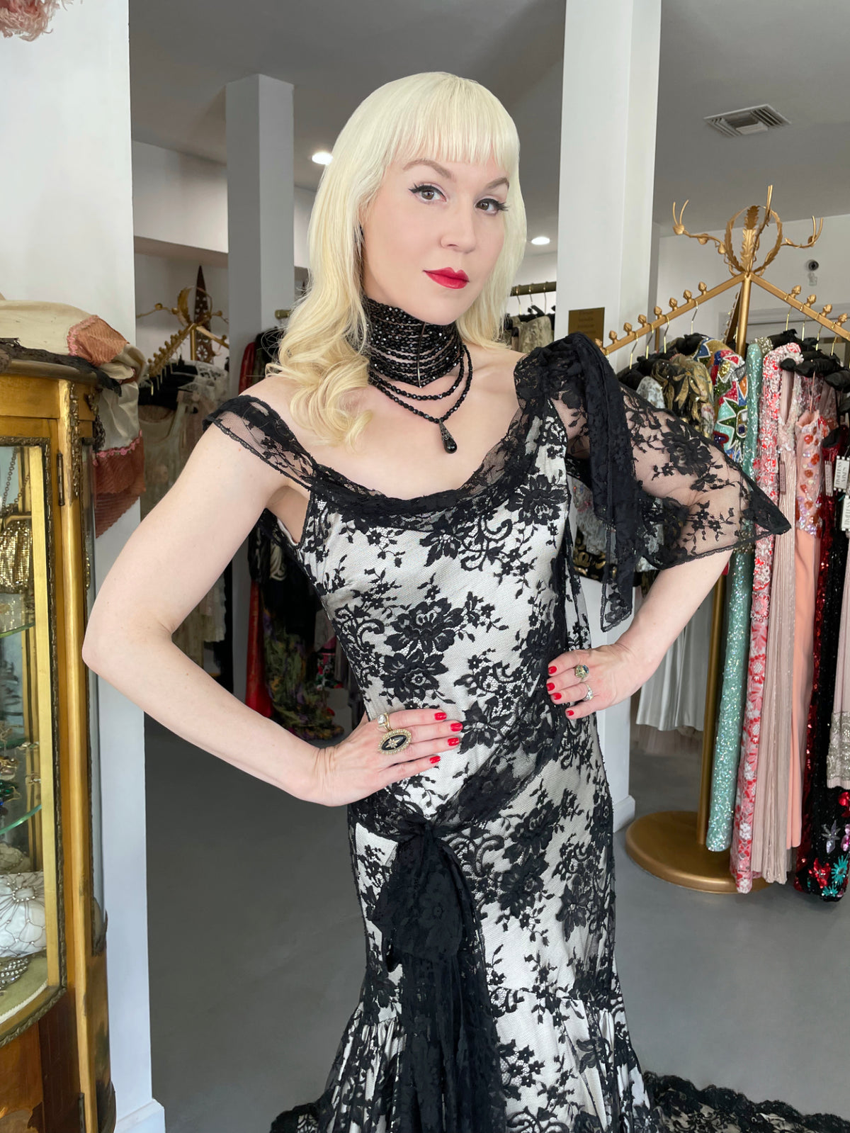 2005 Christian Dior by John Galliano Black Lace &amp; Ivory Silk Trained Bias-Cut Gown