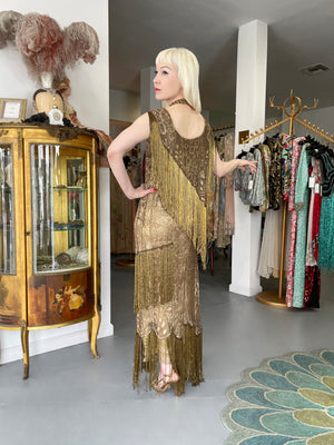 1920's Metallic Gold Lamé Lace Flapper Fringe Margot Robbie Film-Worn Dress