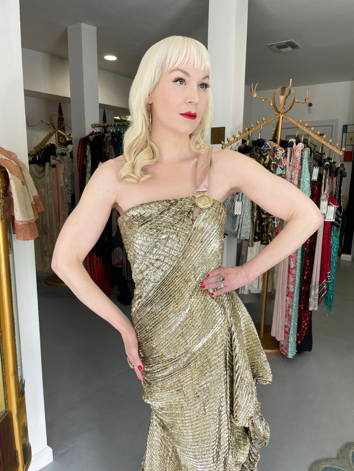 1994 Gianni Versace Couture Runway Metallic Gold Pleated Lamè High-Slit Gown