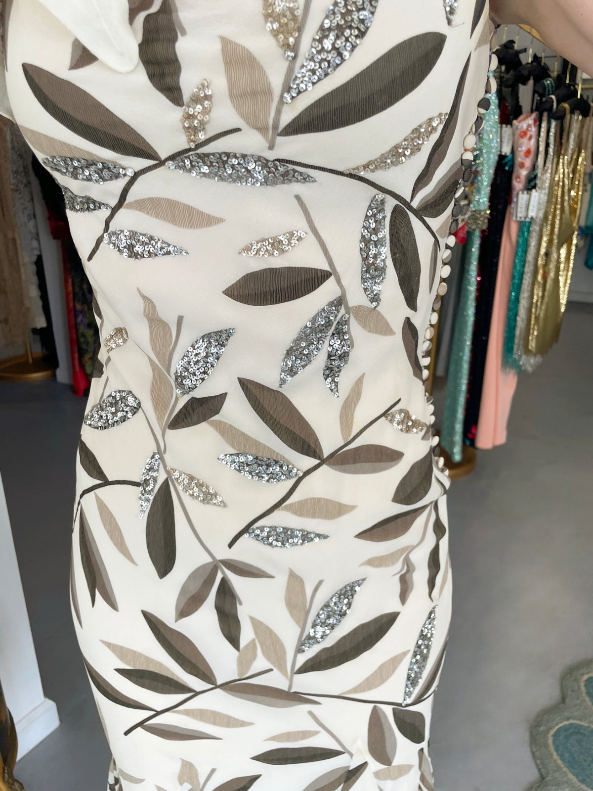 2008 Christian Dior by John Galliano Leaf Motif Sequin Silk Appliqué Bias-Cut Dress