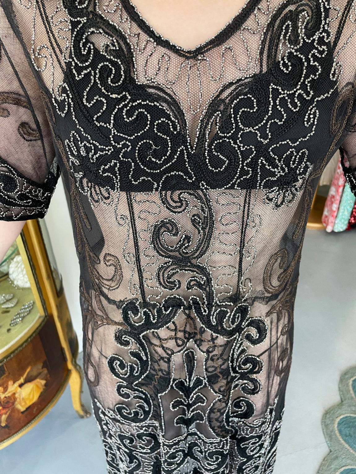 Vintage 1920's Embroidered Black Sheer Mixed-Lace Beaded Art Deco Motif Dress - Timeless Vixen Vintage 1920's Embroidered Black Sheer Mixed-Lace Beaded Art Deco Motif Dress - Timeless Vixen