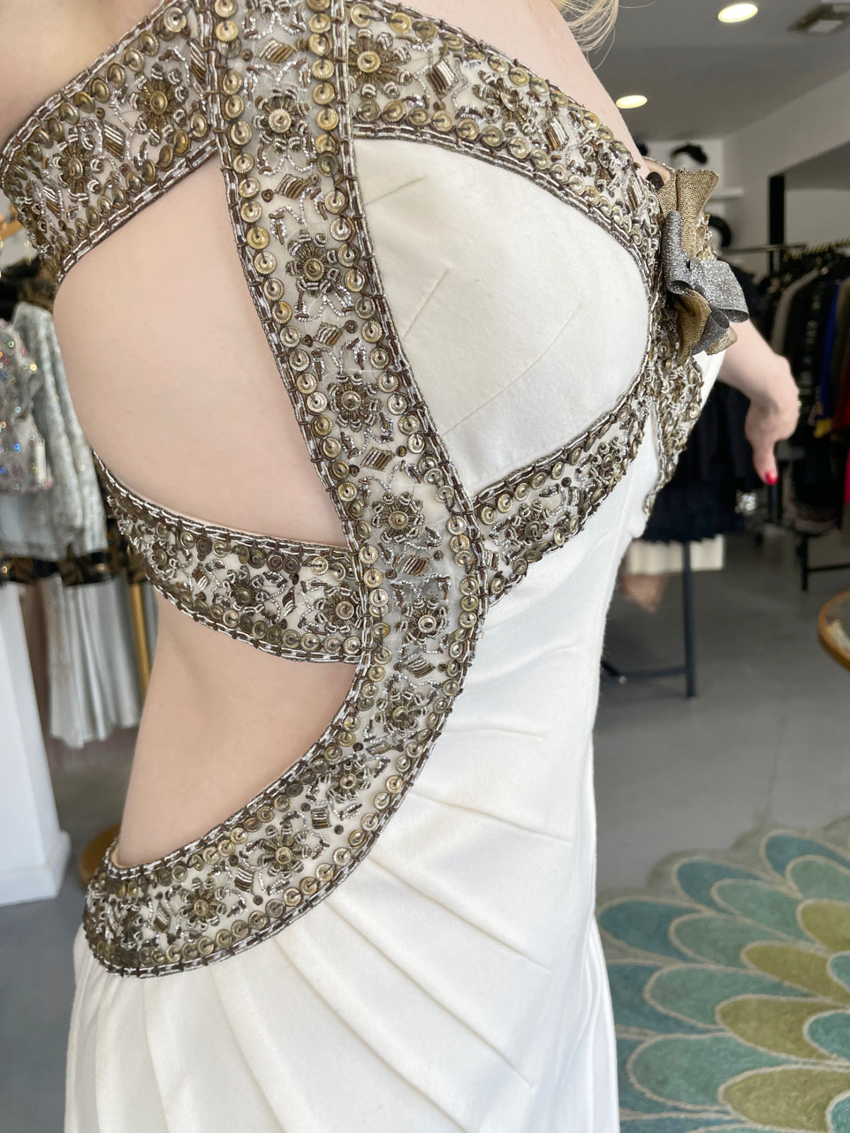 2003 Alexander McQueen Metallic Beaded Embroidered Ivory Wool Open-Back Dress