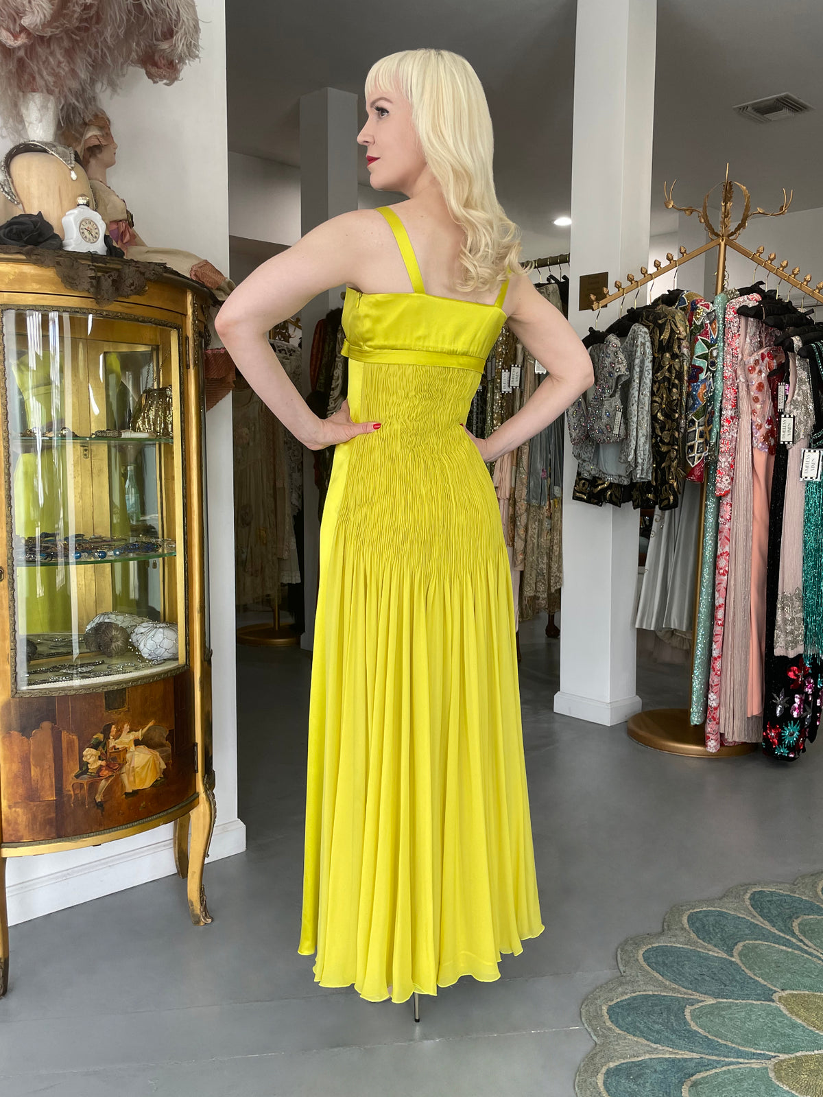 2005 Valentino Runway Chartreuse Yellow Silk Shelf-Bust Bustier High Slit Gown