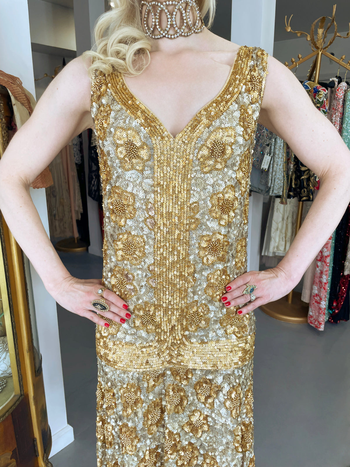 1920&#39;s French Couture Metallic Gold Beaded Sequin Cotton-Net Flapper Dress