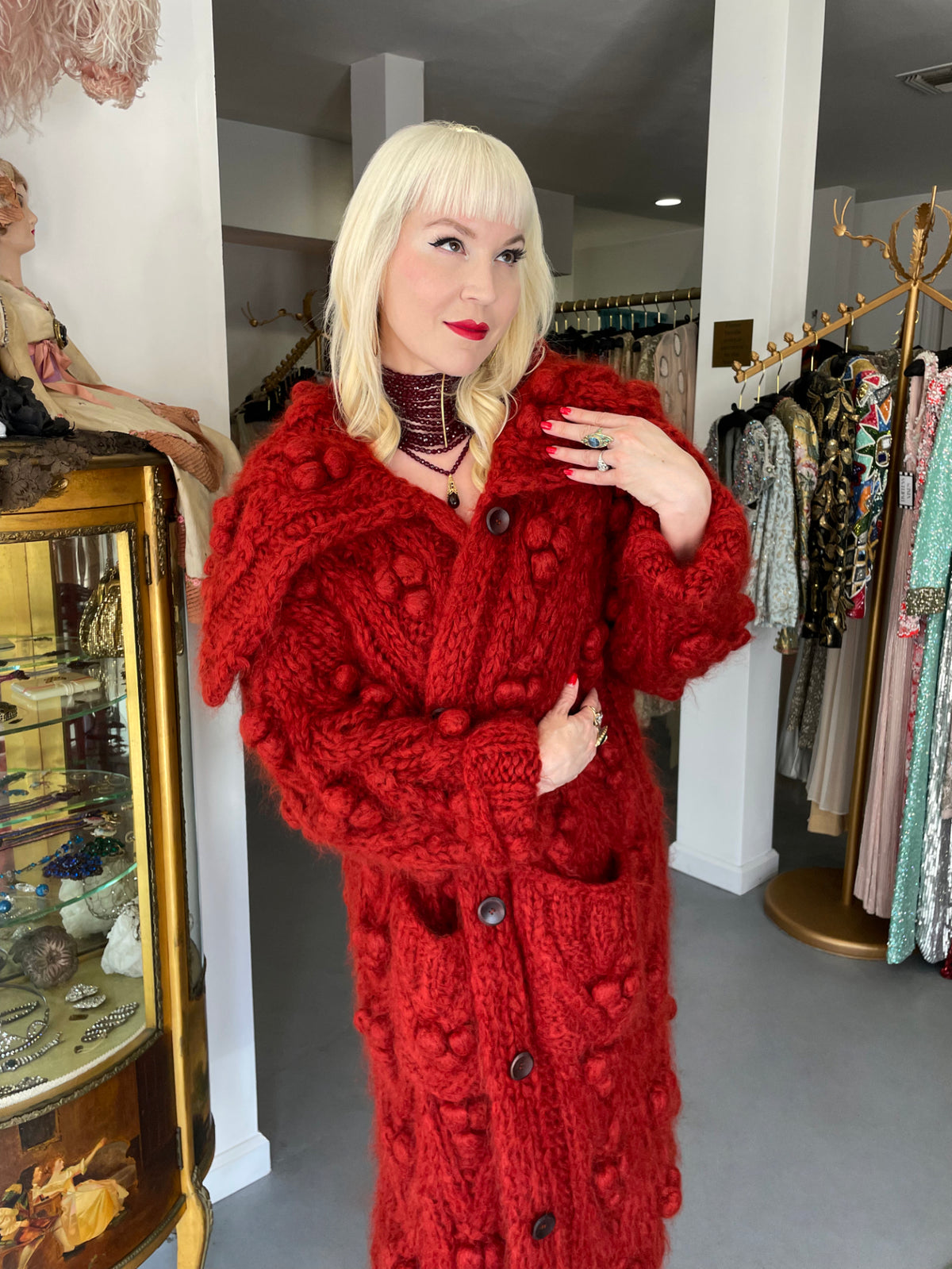 1999 Christian Dior by John Galliano Wine Red Wool Knit Shawl-Collar Sweater Coat