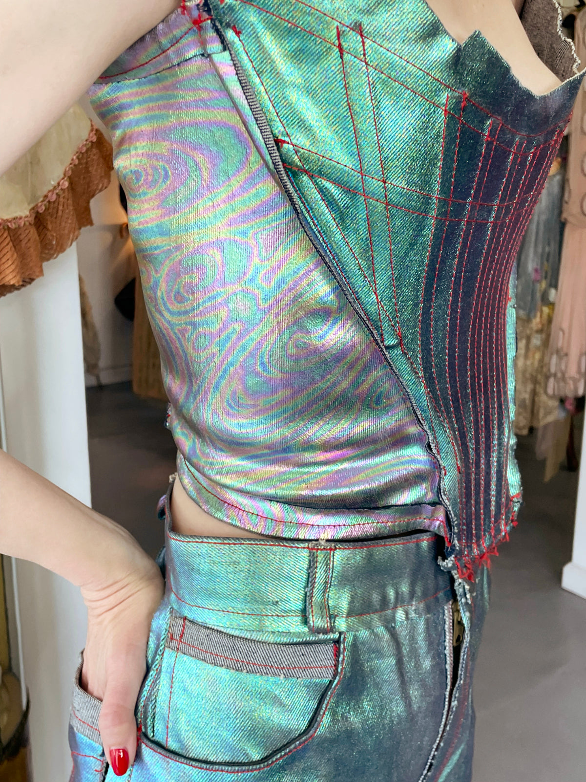 1993 Vivienne Westwood Runway Metallic Foiled Denim Corset Bustier &amp; Matching Pants