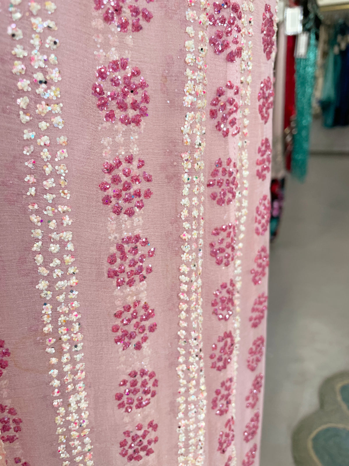 1974 Thea Porter Couture Sparkling Pink Glitter Silk Angel Sleeve Wrap Gown