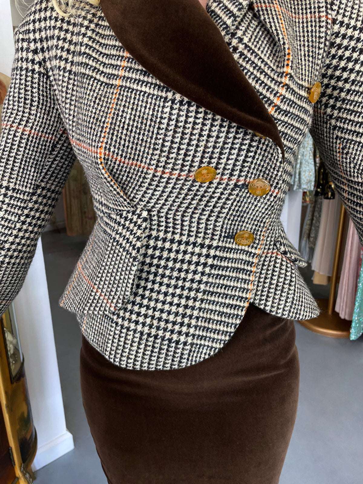 1996 Vivienne Westwood &#39;Storm in a Teacup&#39; Tweed Velvet Asymmetric Jacket Suit