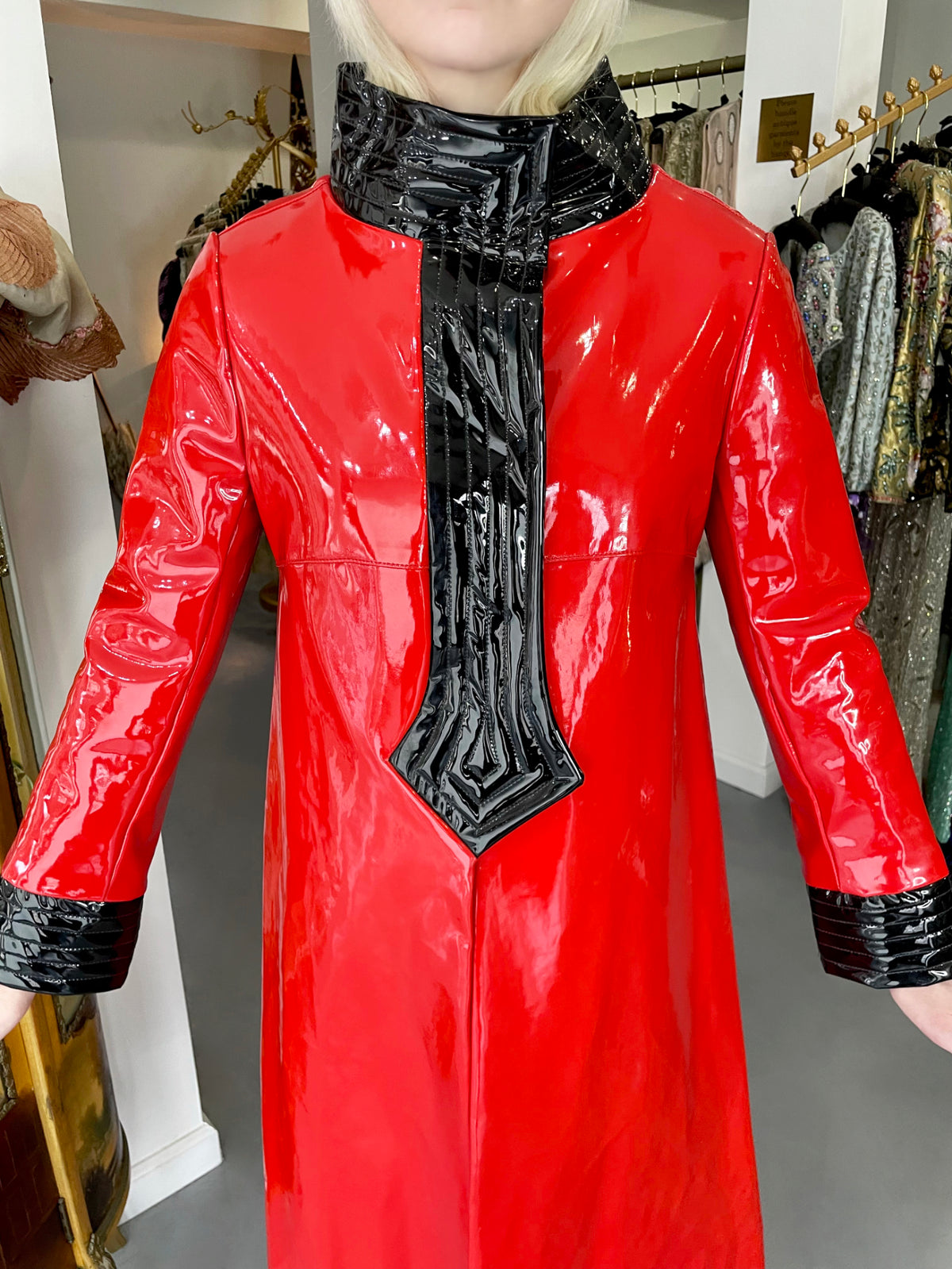 1969 Pierre Cardin Documented Red &amp; Black Vinyl Space-Age Mod Maxi Coat