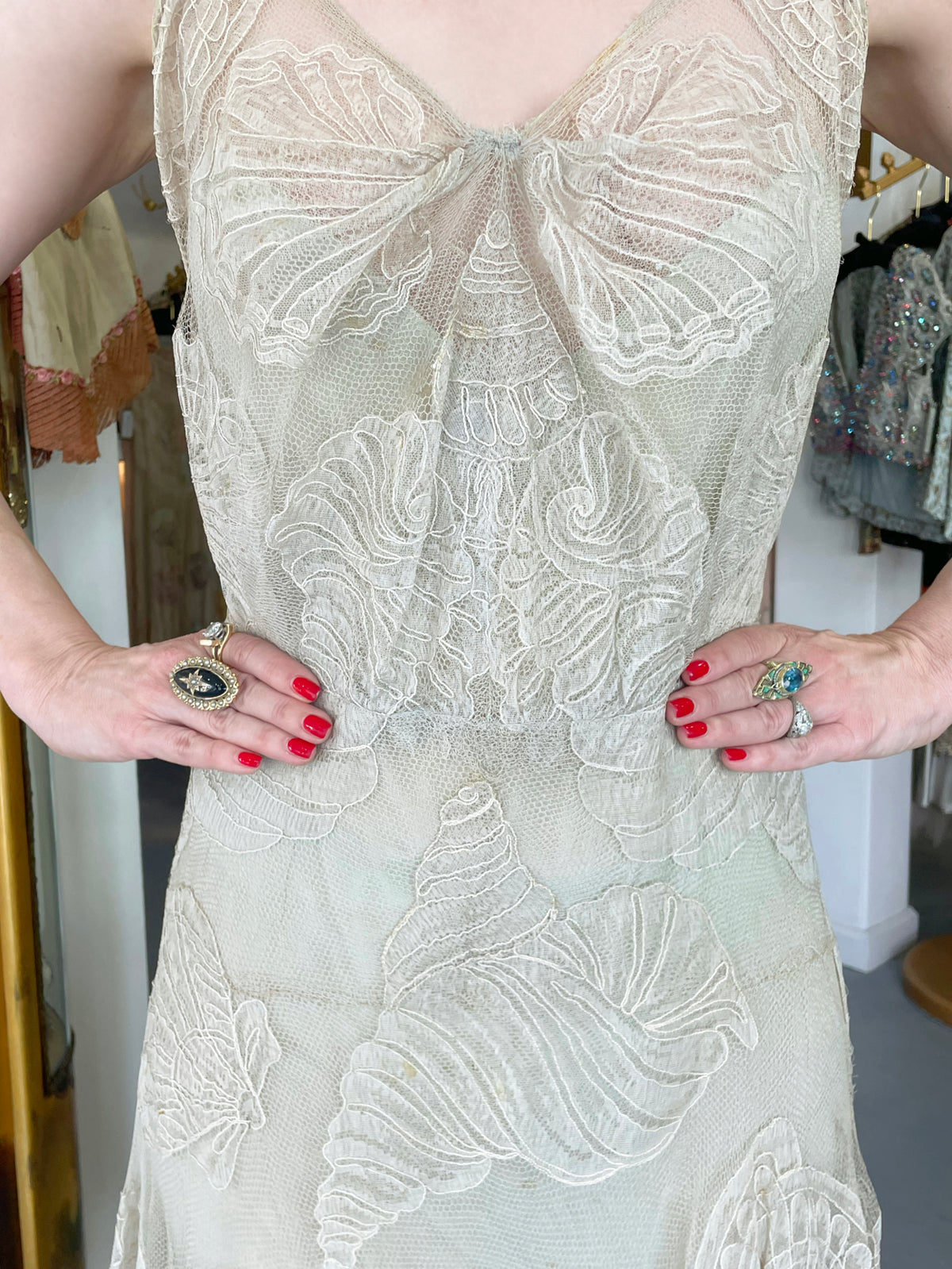 1932 Worth Couture for Elizabeth Arden Sequin Ivory Seashell Motif Lace Gown