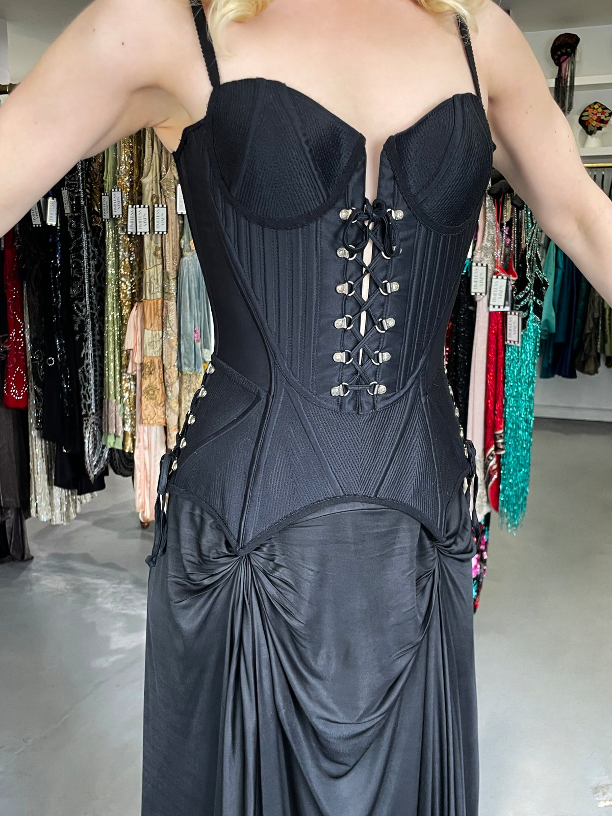 1995 Gianni Versace Couture Black Corset High-Slit Important Campaign Gown