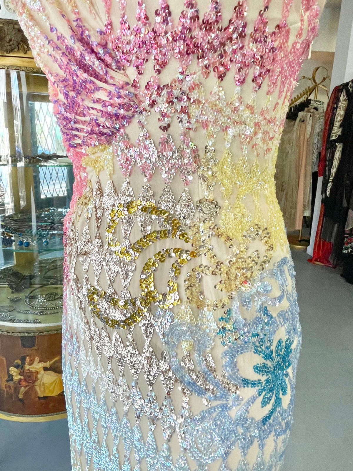 1990's Mike Benet Rainbow Sequin Silk Asymmetric Hourglass Versace-Like Gown