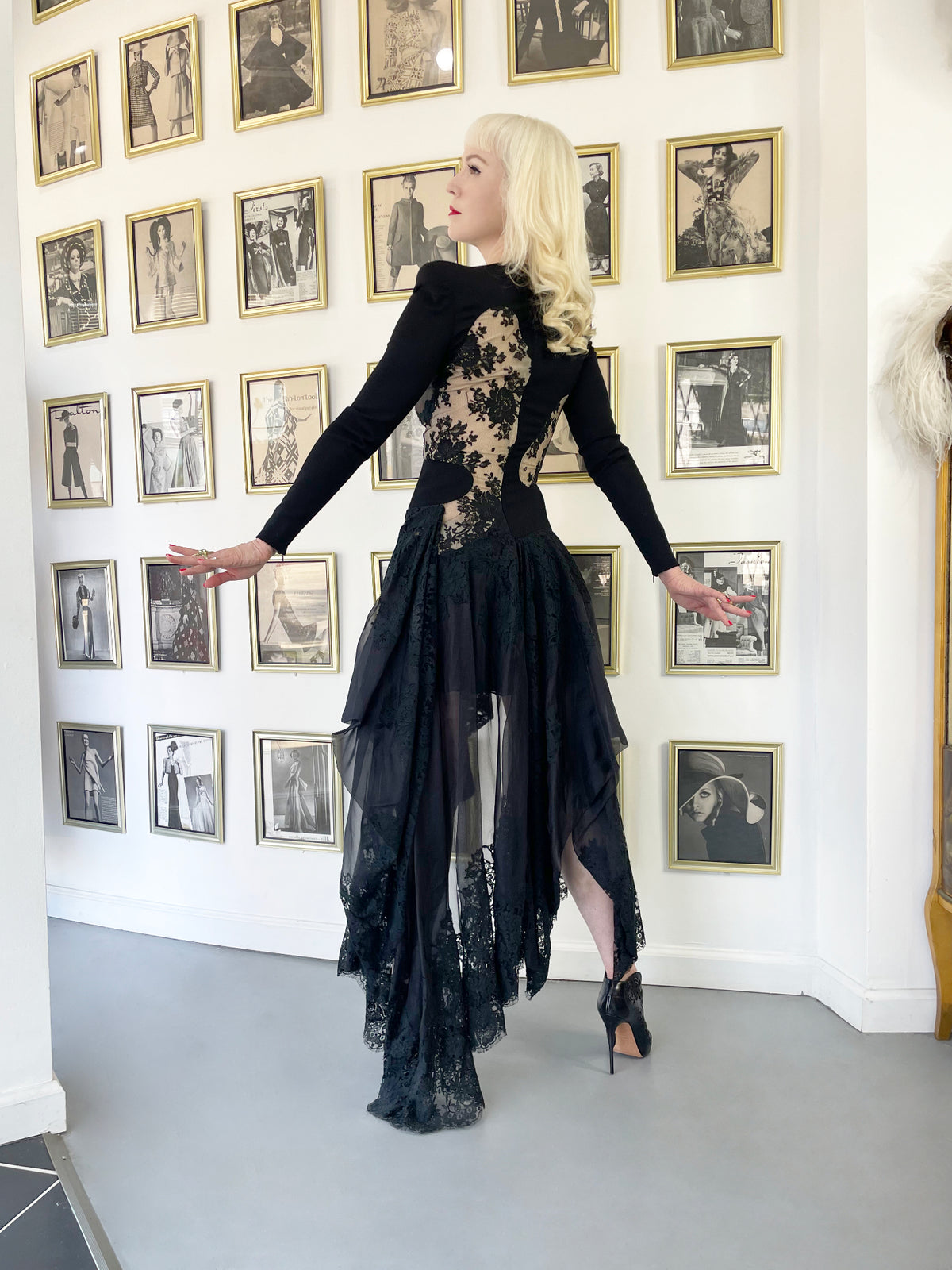 2010 Alexander McQueen Lifetime Black Crepe &amp; Sheer Illusion Lace High-Low Gown