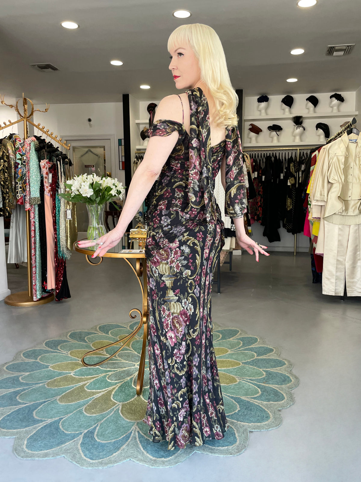 2004 John Galliano Needlepoint Floral Print Silk Bias-Cut Gown w/ Matching Scarf