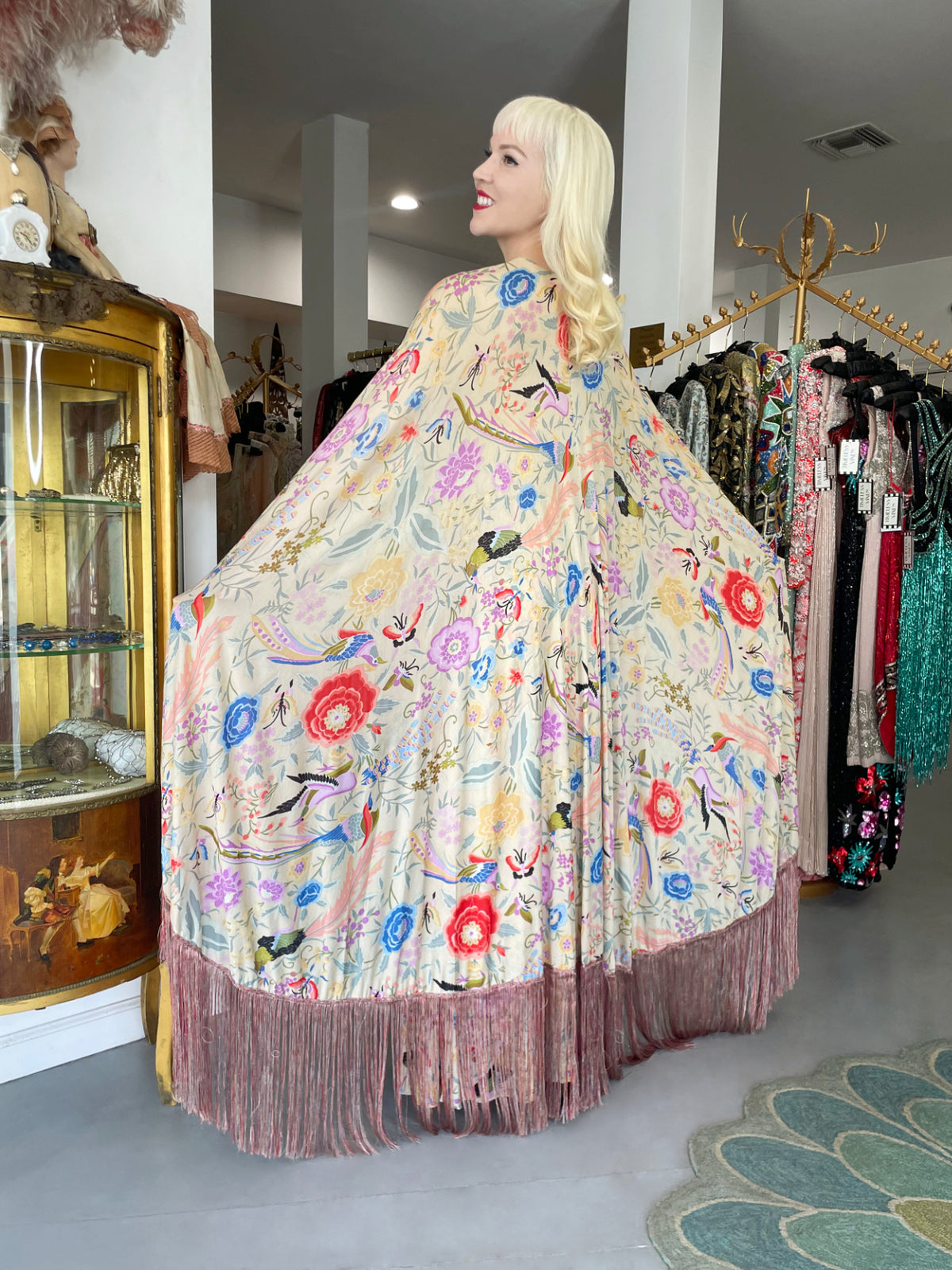 1971 Missoni Couture Colorful Floral Bird Print Silk-Jersey Caftan Gown