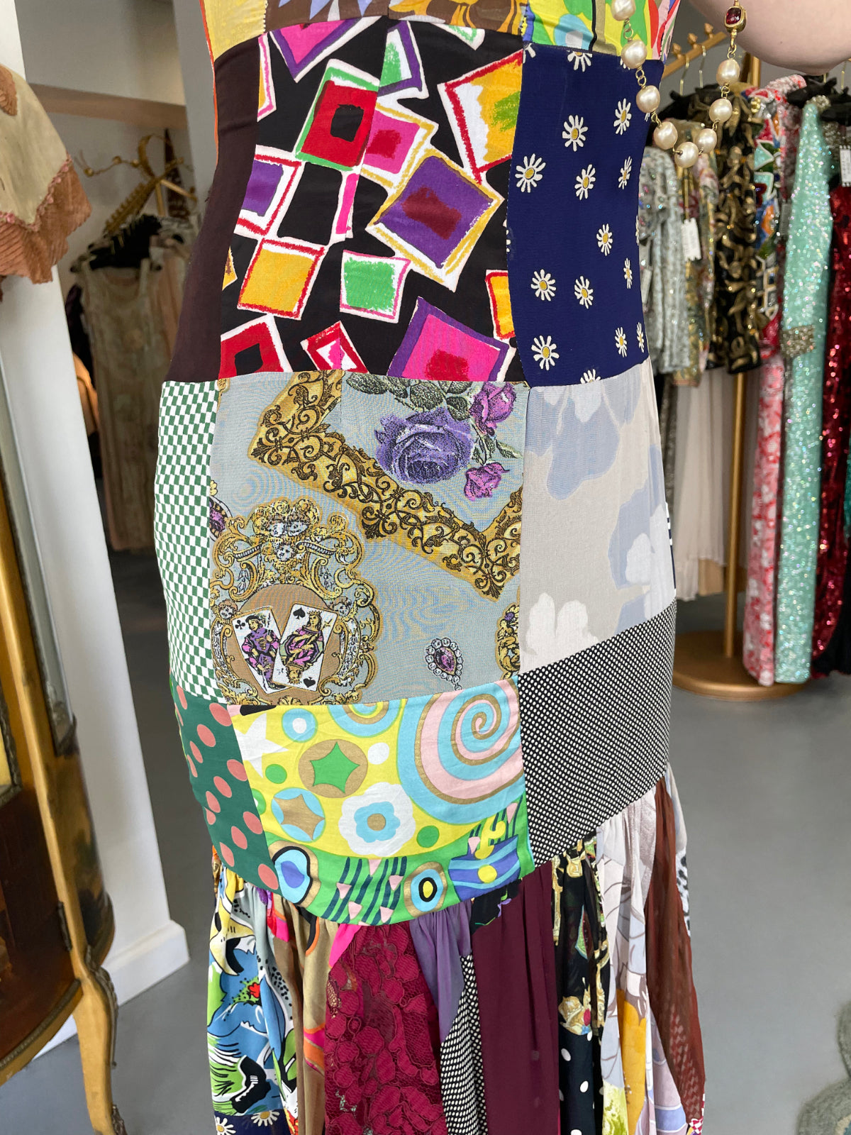 1993 Dolce &amp; Gabbana Documented Colorful Patchwork Silk Hourglass Flounce Gown