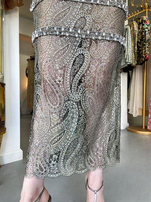 2012 Chanel by Karl Lagerfeld Runway Crystal Beaded Sheer Silver & Gold Lace Dress