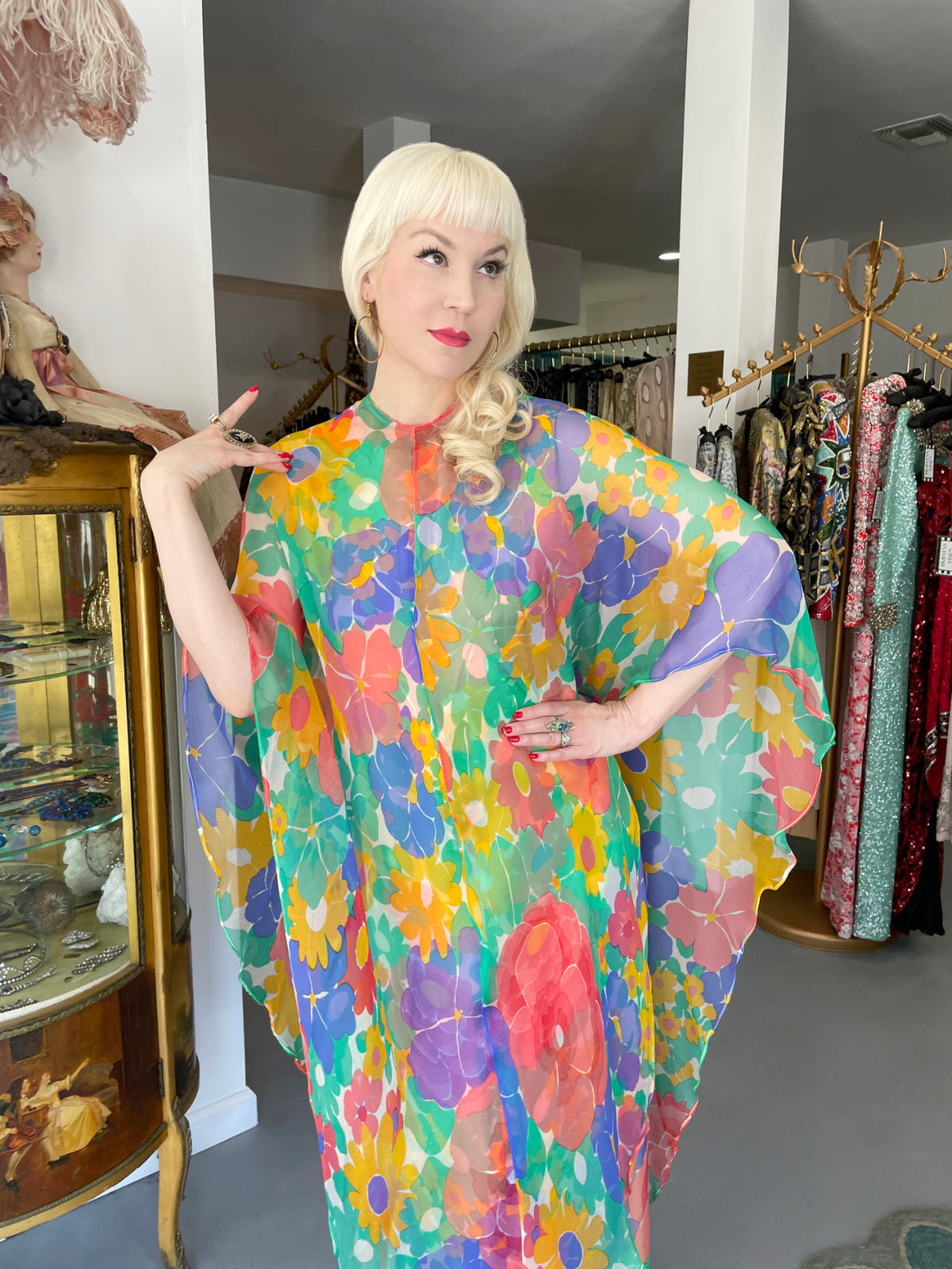 1967 Givenchy Haute Couture Colorful Floral Sheer Silk Draped Caftan Maxi Dress