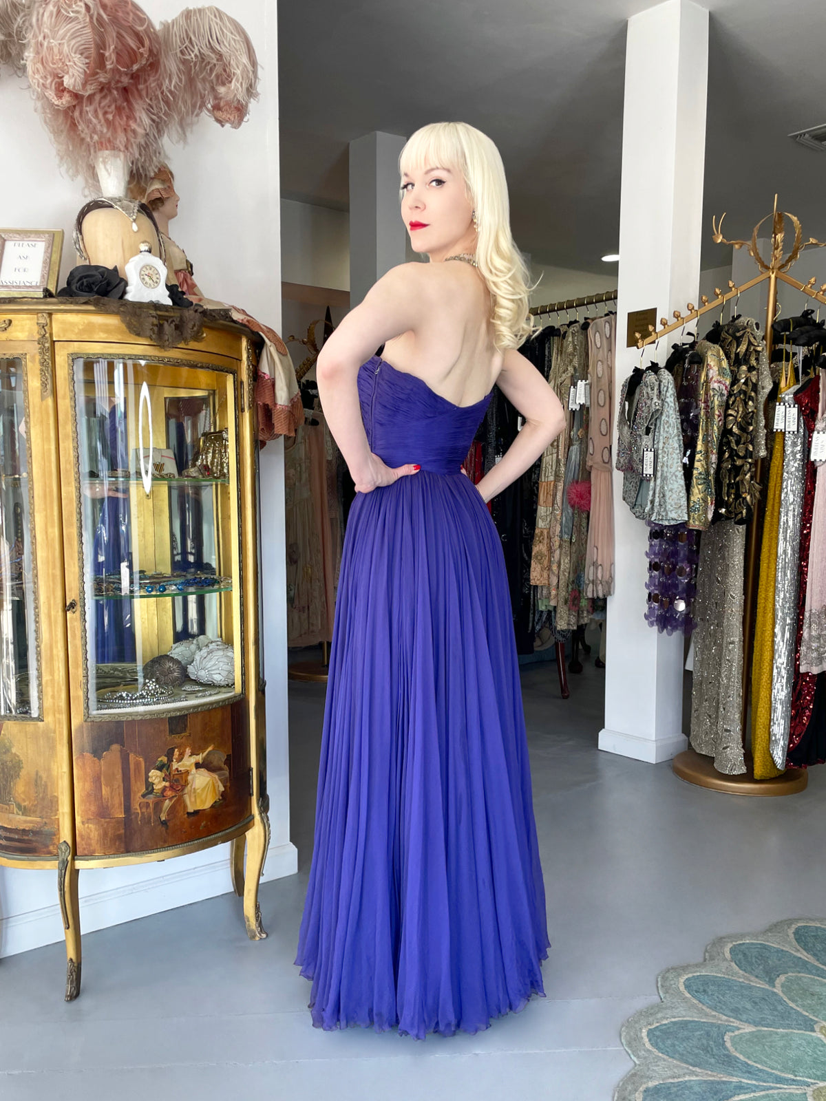 1950&#39;s Gigliola Curiel Couture Pleated Purple Silk Chiffon Strapless Goddess Gown