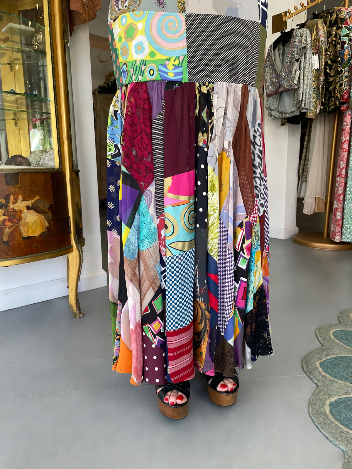 1993 Dolce &amp; Gabbana Documented Colorful Patchwork Silk Hourglass Flounce Gown