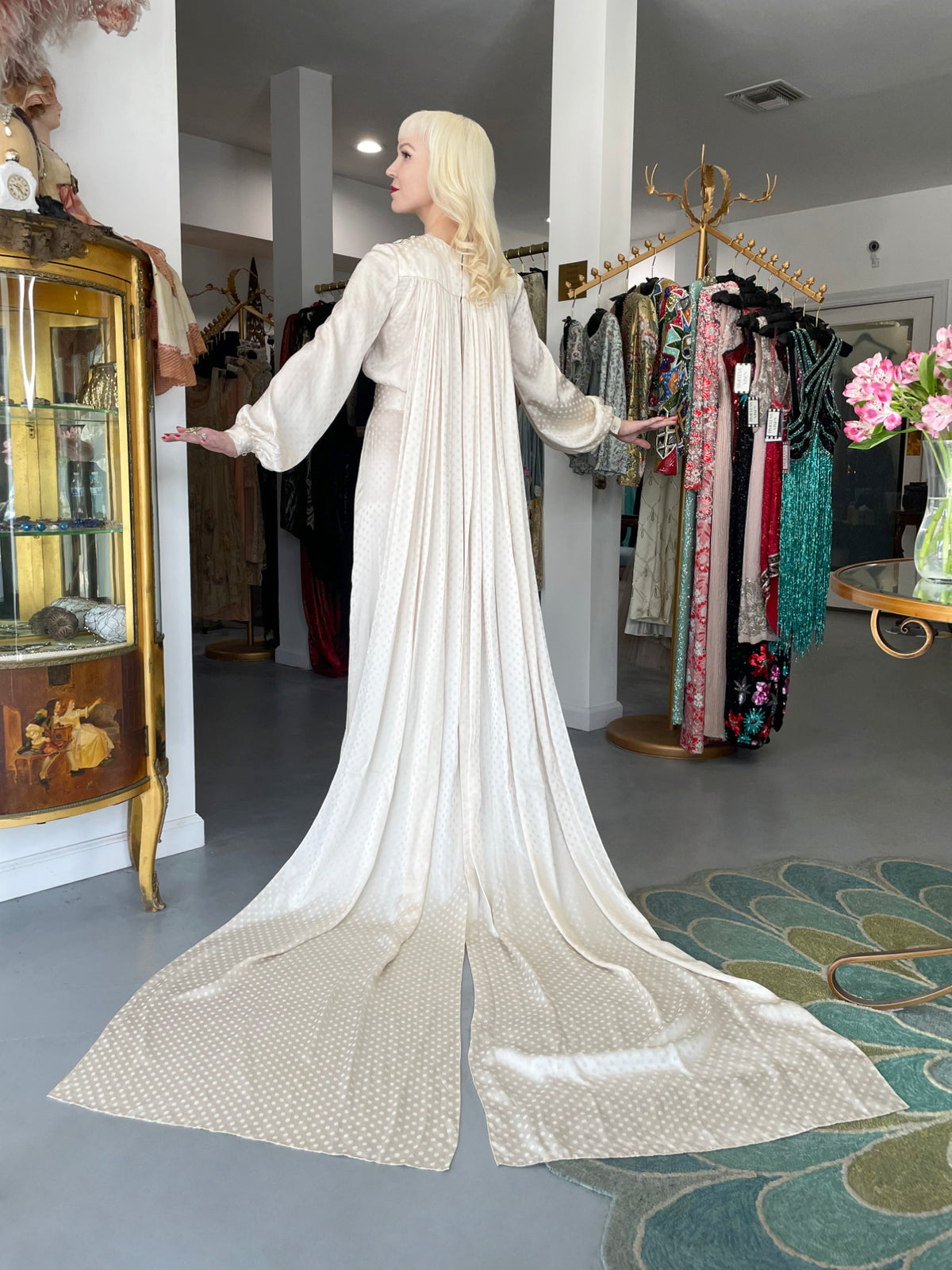 1974 Thea Porter Couture Beaded Sequin Seashells Ivory Silk Billow-Sleeve Trained Gown