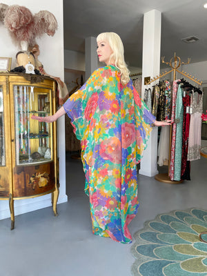 1967 Givenchy Haute Couture Colorful Floral Sheer Silk Draped Caftan Maxi Dress