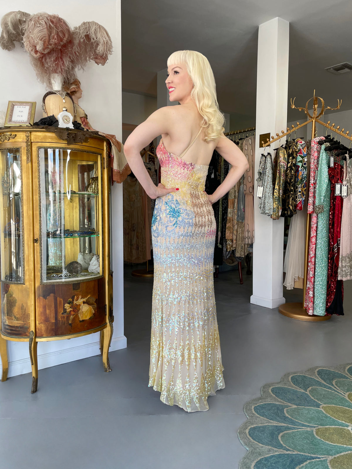 1990's Mike Benet Rainbow Sequin Silk Asymmetric Hourglass Versace-Like Gown