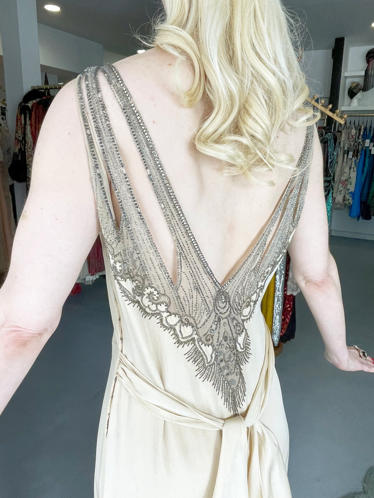 1930's French Ivory Creme Silk Beaded Sheer Illusion Deco Bias-Cut Bridal Gown