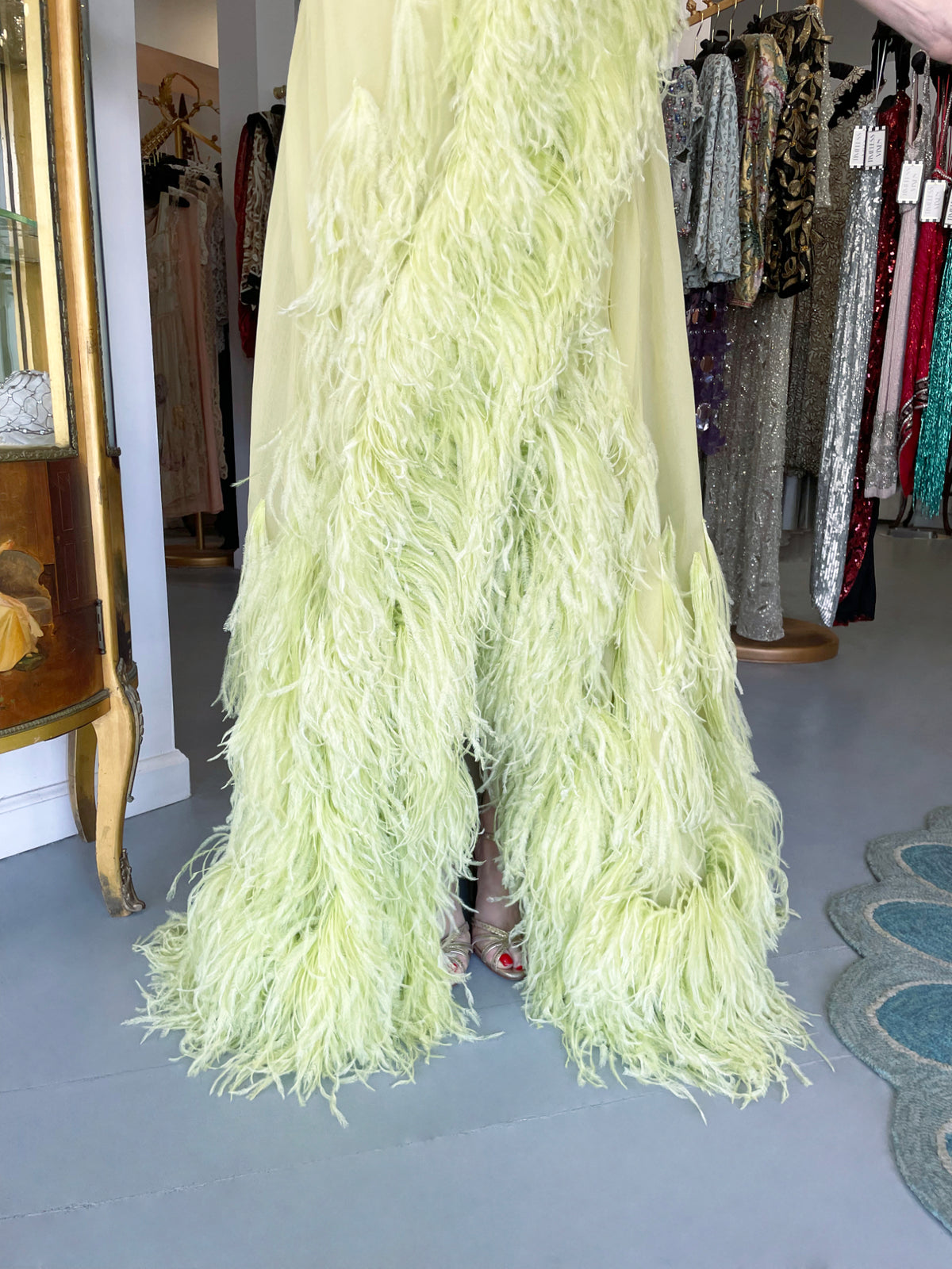 1968 Christian Dior Haute Couture Maria Felix Owned Chartreuse Silk Feather Gown
