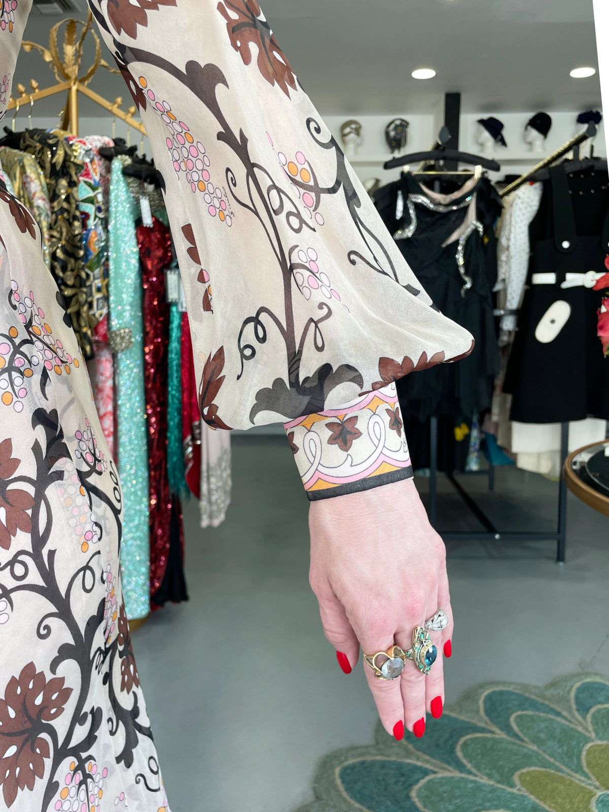 1972 Emilio Pucci Grapevine Motif Sheer Silk Organza Billow-Sleeve Maxi Dress