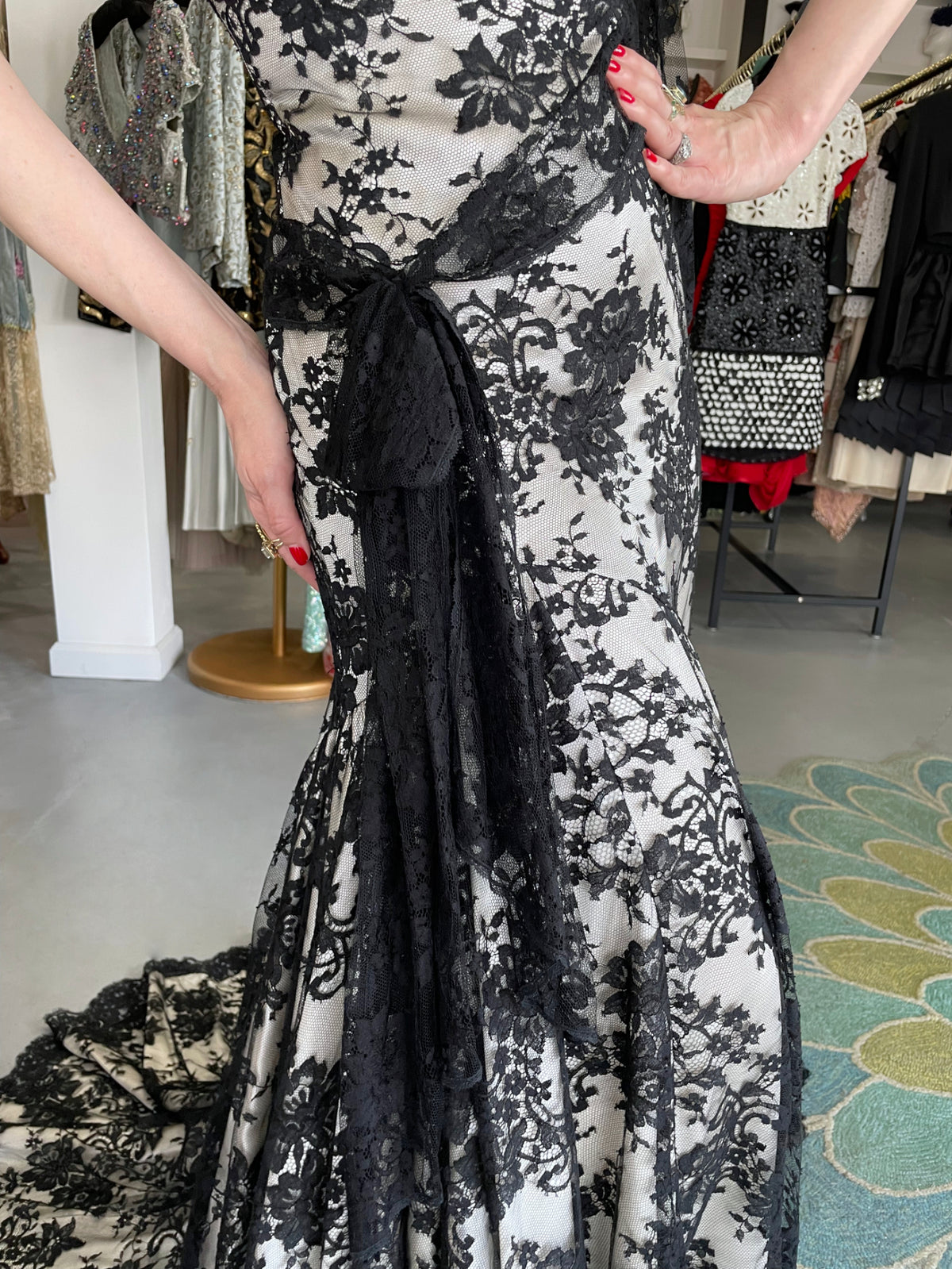 2005 Christian Dior by John Galliano Black Lace &amp; Ivory Silk Trained Bias-Cut Gown