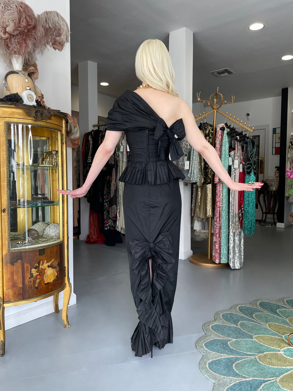 1986 Chanel Documented Runway Black Pleated Silk One-Shoulder Hourglass Gown