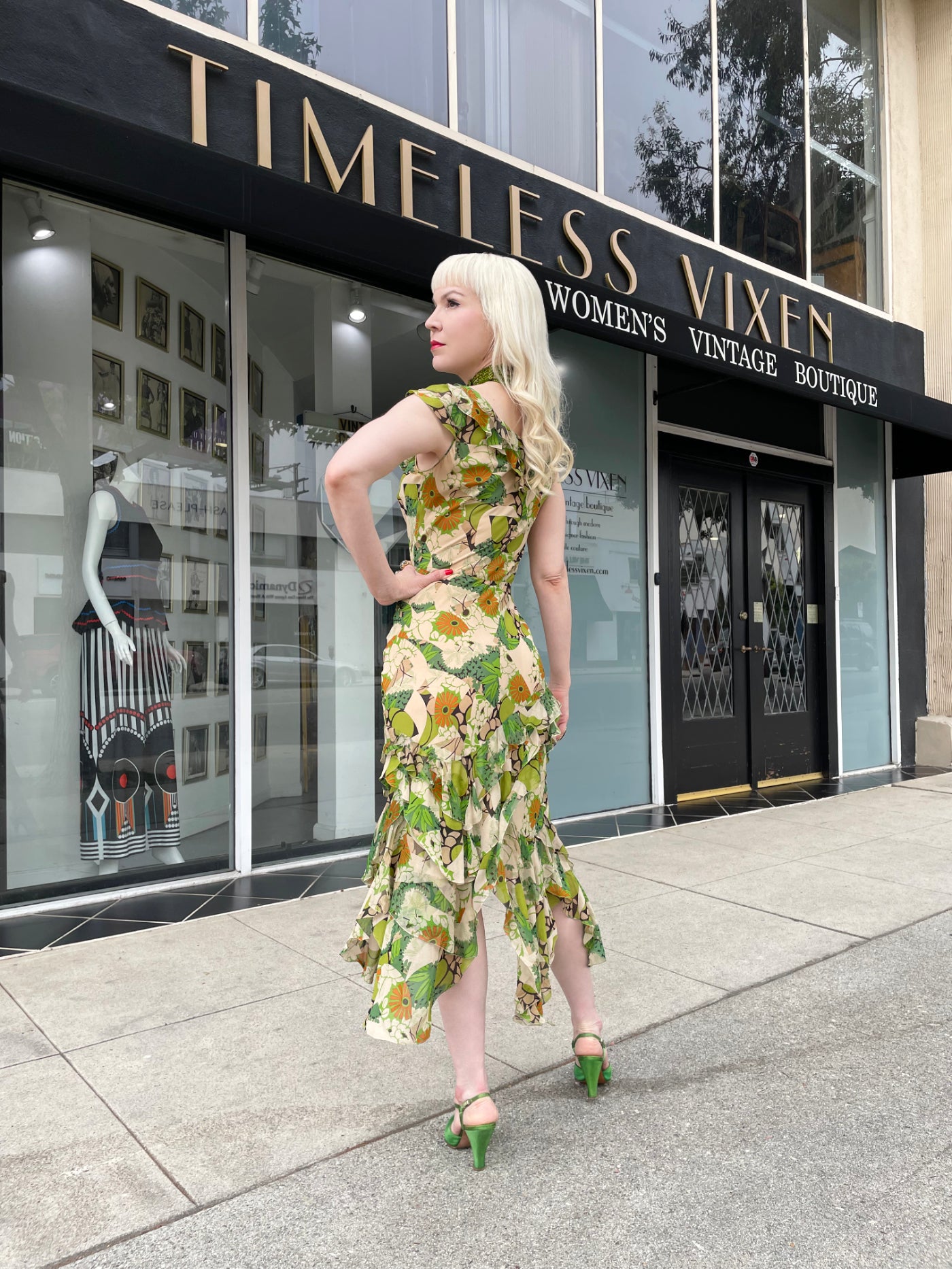 Vintage 2005 John Galliano Green & Beige Floral Print Silk Tiered Ruffle Bias-Cut Dress