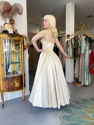 1950's Beaded Embroidered Cream & Pale Pink Satin Strapless Couture Ballgown