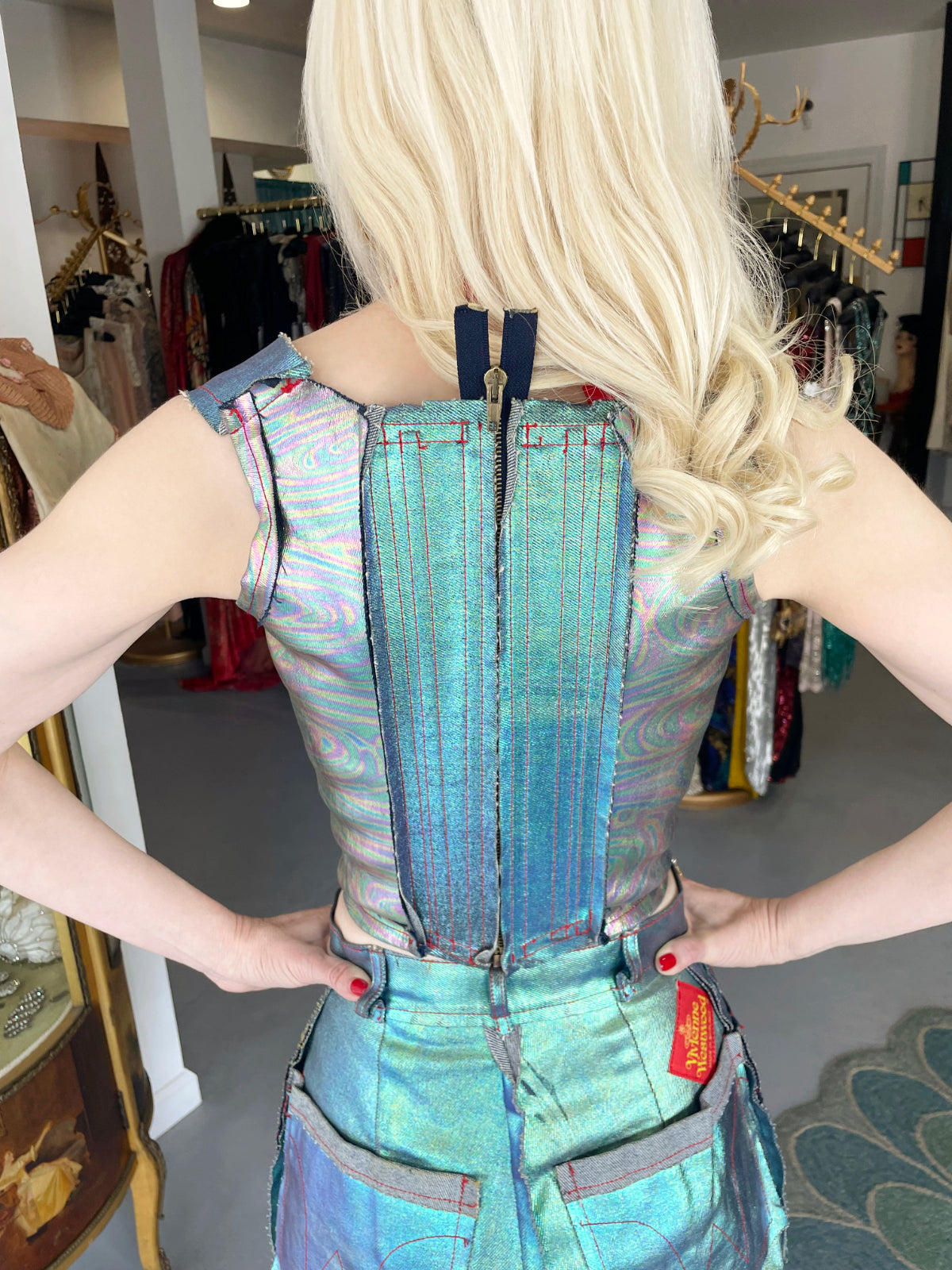 1993 Vivienne Westwood Runway Metallic Foiled Denim Corset Bustier &amp; Matching Pants