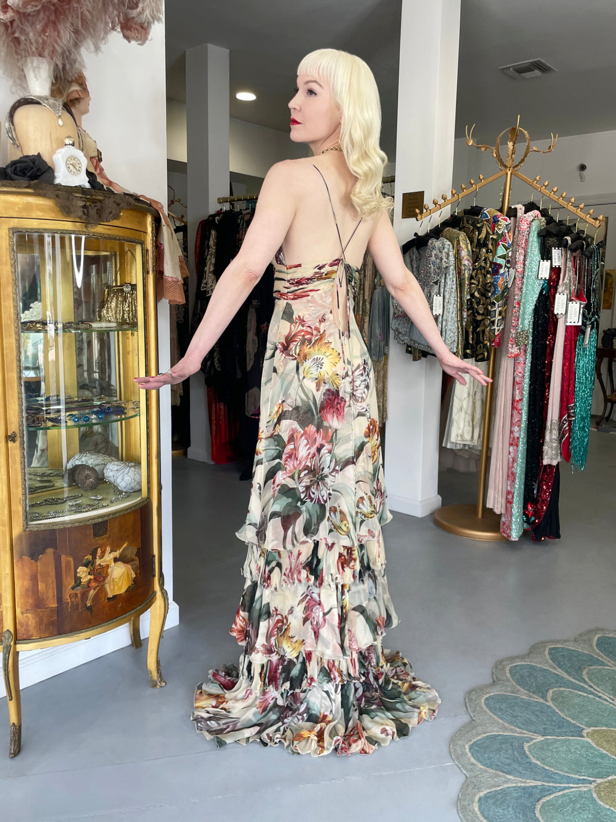 2005 Valentino Cruise Collection Colorful Floral Silk Low-Cut Halter Tiered Gown