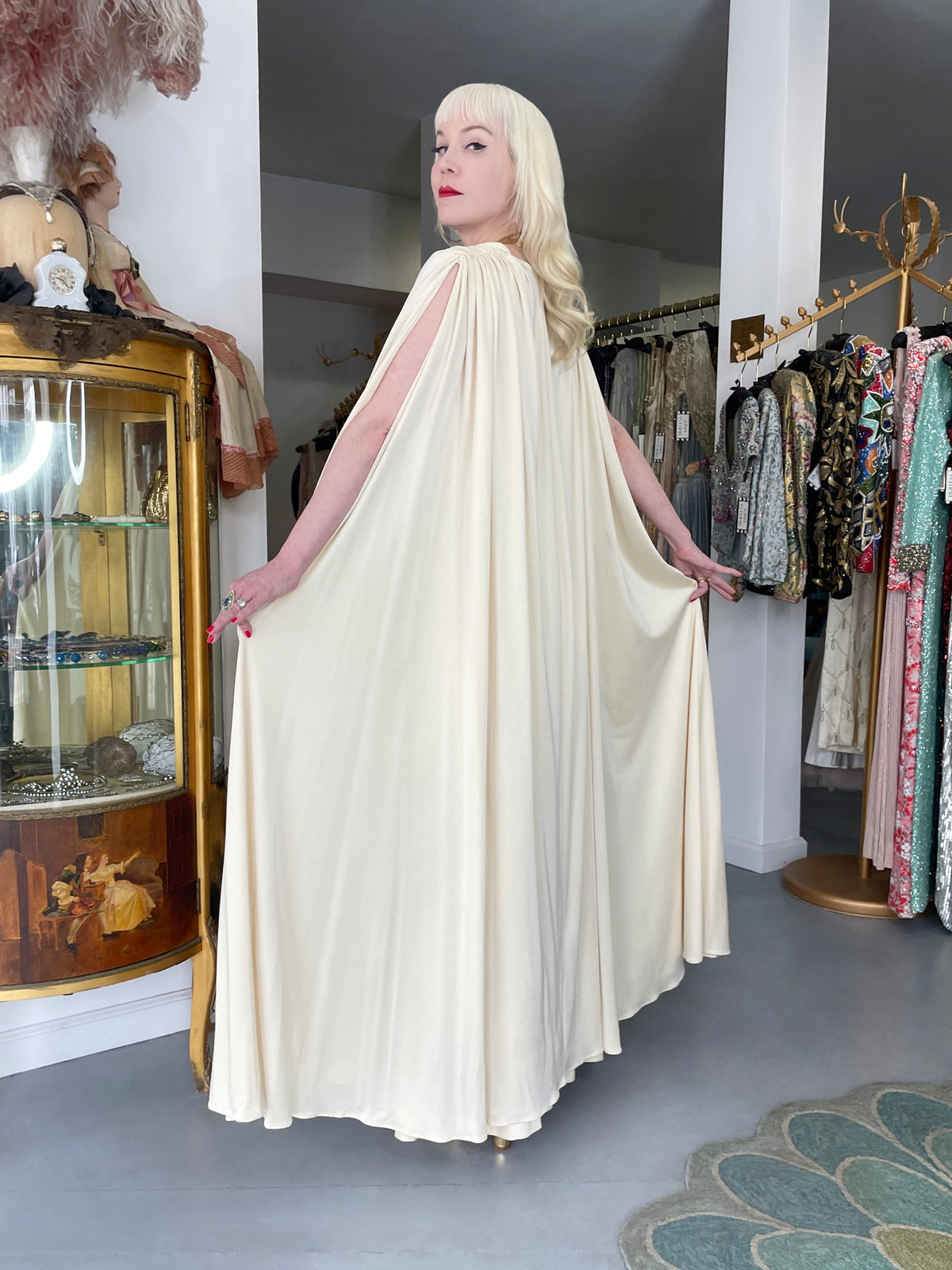 1972 Loris Azzaro Couture Ivory Silk-Jersey &amp; Gold Metal Mesh Backless Gown w/ Cape